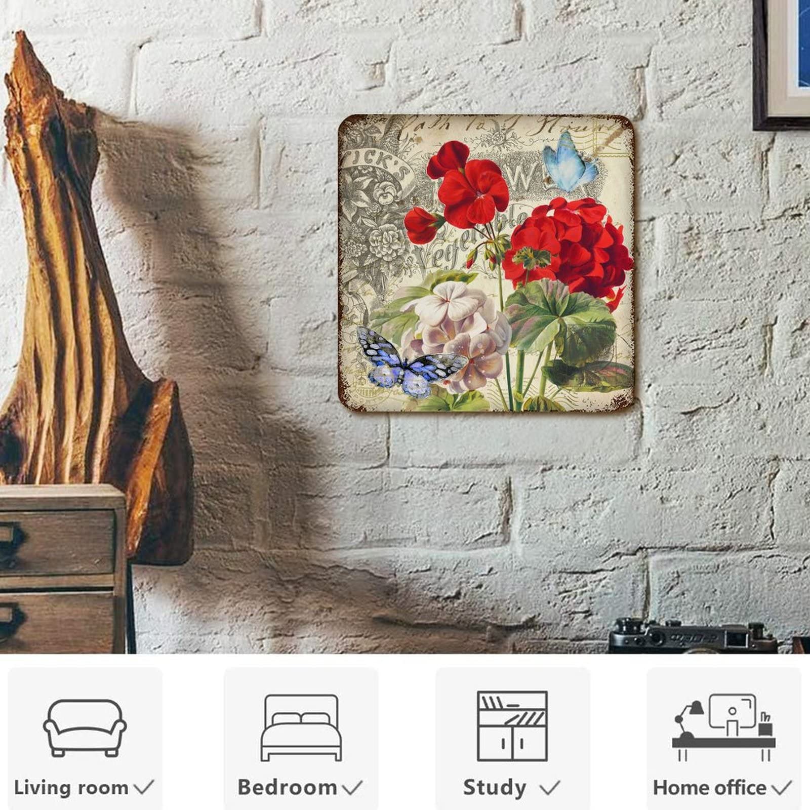 Plaque Murale En Métal Vintage 20x30 Cm - Décor Fleurs Et Papillons Colorés - Style Country Pour Cuisine, Jardin Ou Salon - Installation Facile - 7