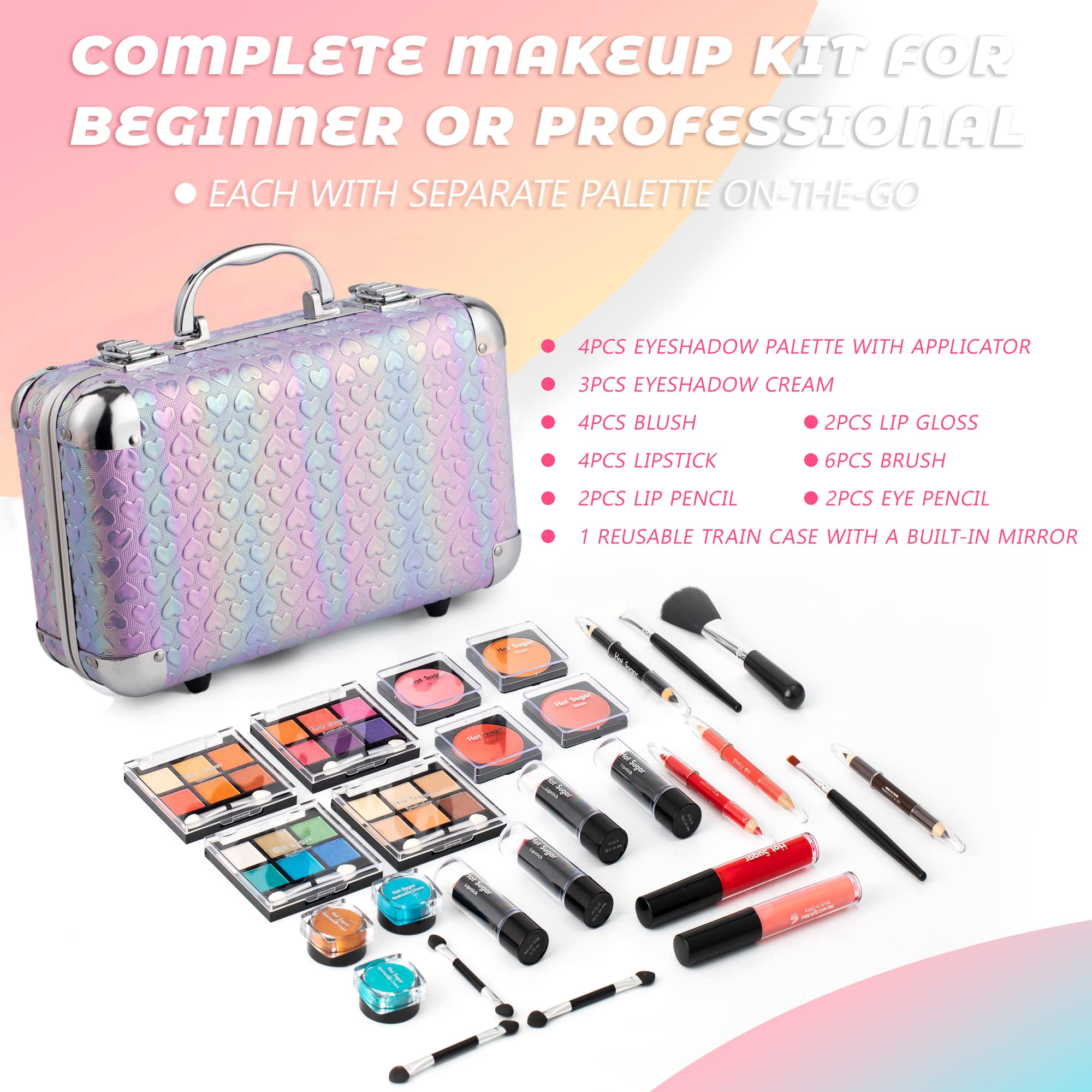 Hot Sugar Teen Makeup Kit, 27-Piece Cosmetic Gift Set for Women with Train Case Eye Shadow Palettes, Blushes, Lip Glosses - Image 4