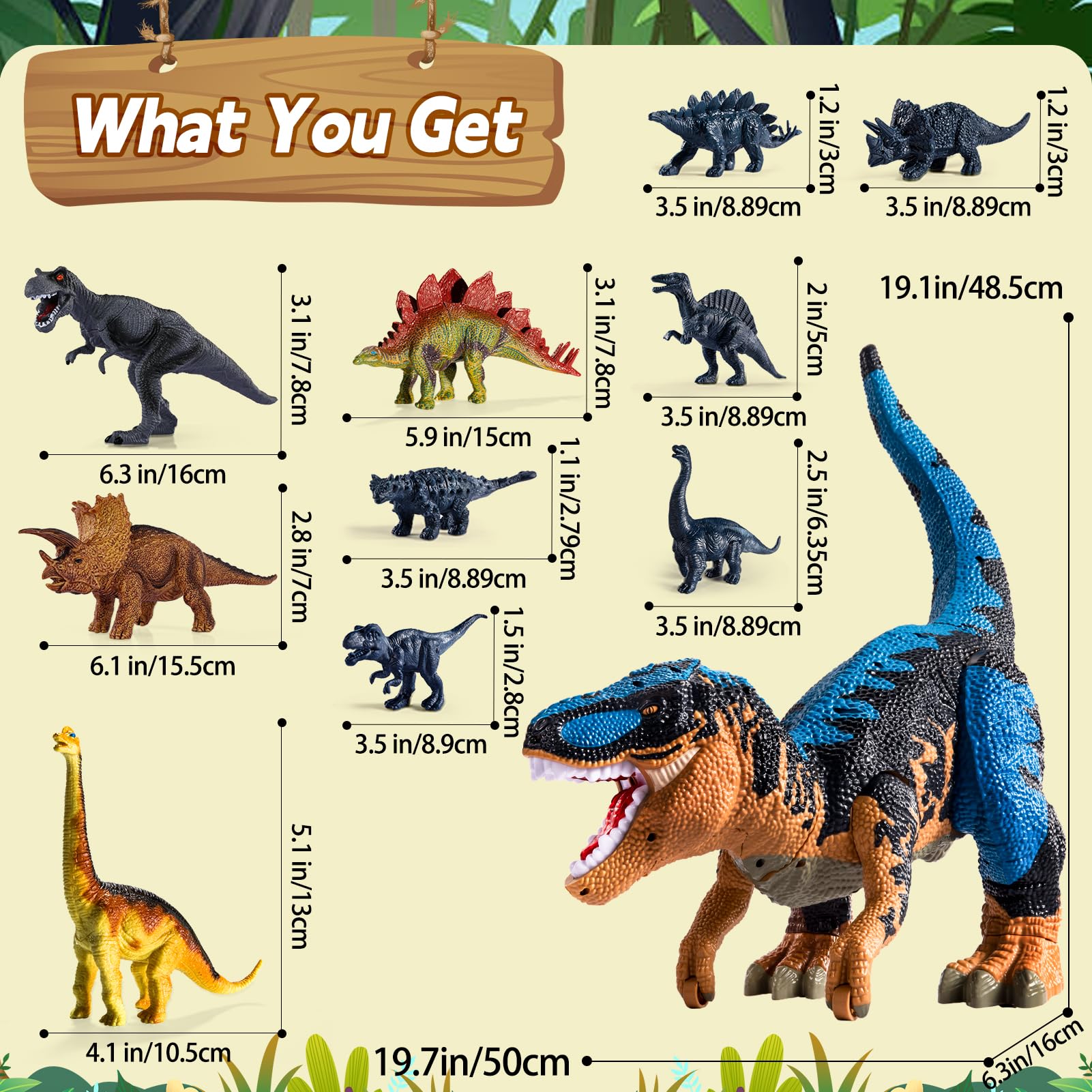 Figura de Dinosaurio de 24 Pulgadas con Ruedas Móviles, Rugido y Spray de Neblina – Cabeza y Cola Extraíbles, Contiene 10 Mini Dinosaurios – Juego Interactivo para Niños (Azul