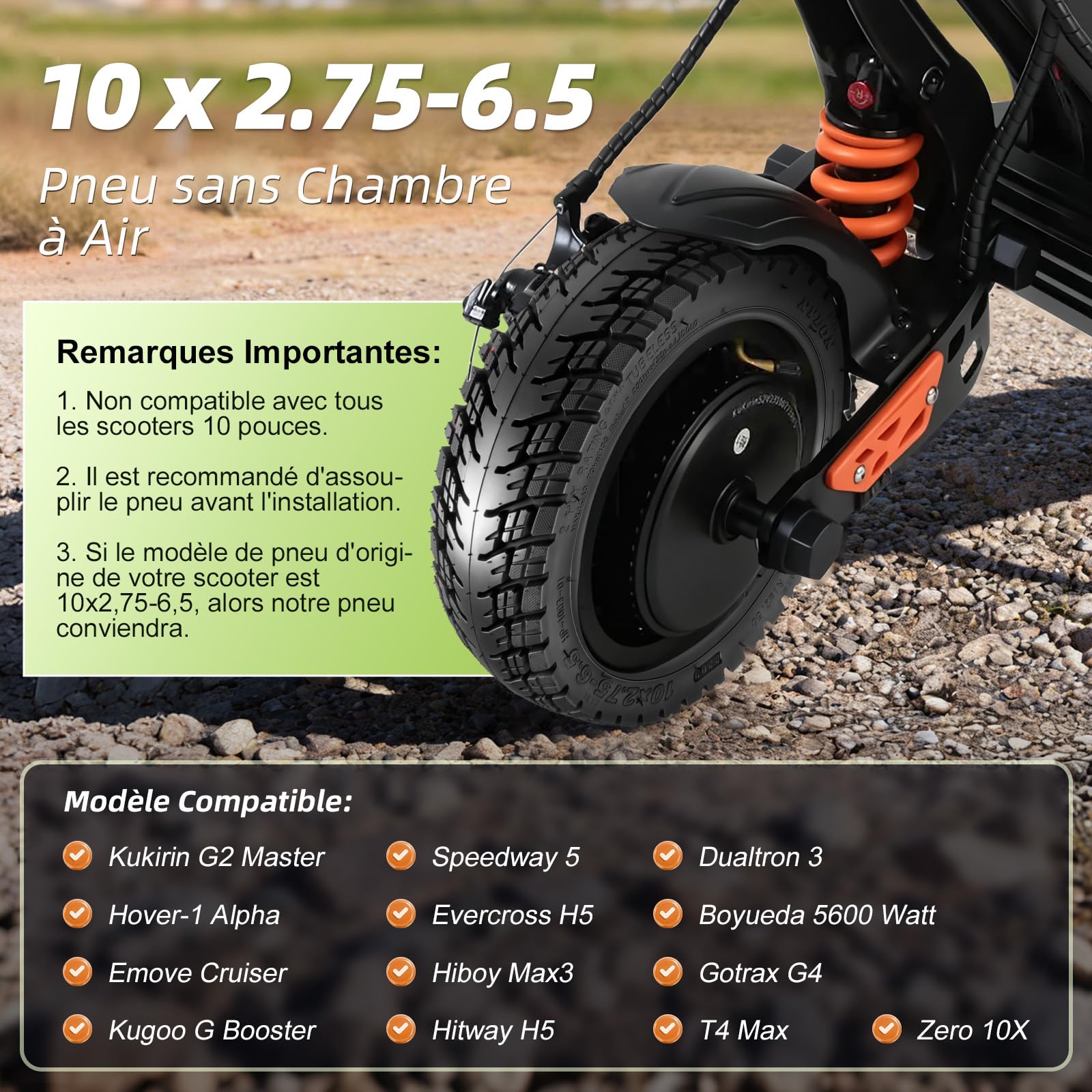 10 x 2,75-6,5 Pneus Tubeless Tout Terrain pour Kukirin G2 Master, 10 Pouces Pneus de Rechange pour Kukirin G3 Speedway 5 Dualtron 3 Gotrax G4 Scooter Électrique Avant/Arrière (2 Pièces)
