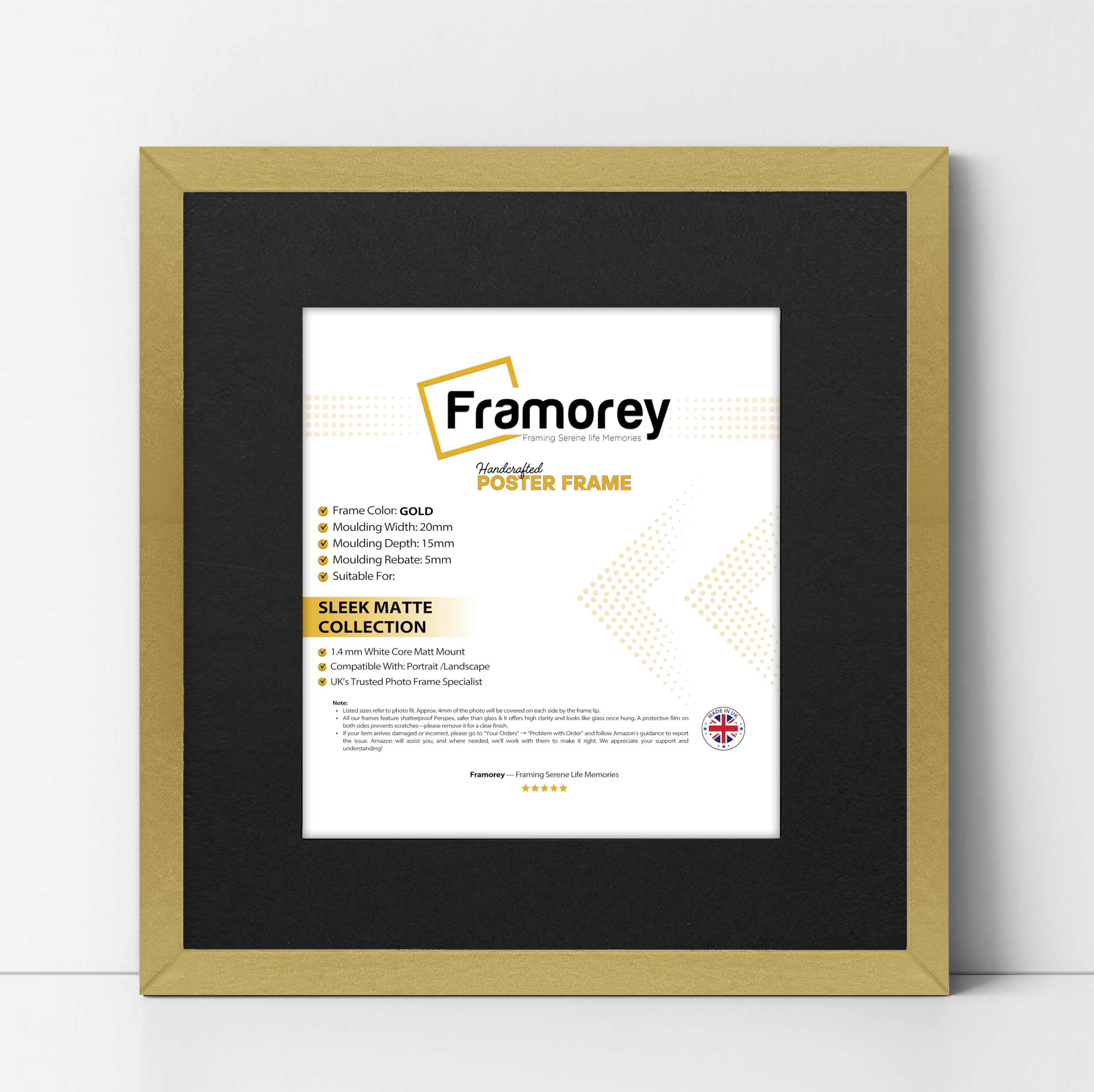 FRAMOREY Square Size Thin Matt Photo, Handmade Flat Thin Picture Frame, 13x13" Size Gold Picture Frame With 11x11" Size Black Mount, Photo Print Frames