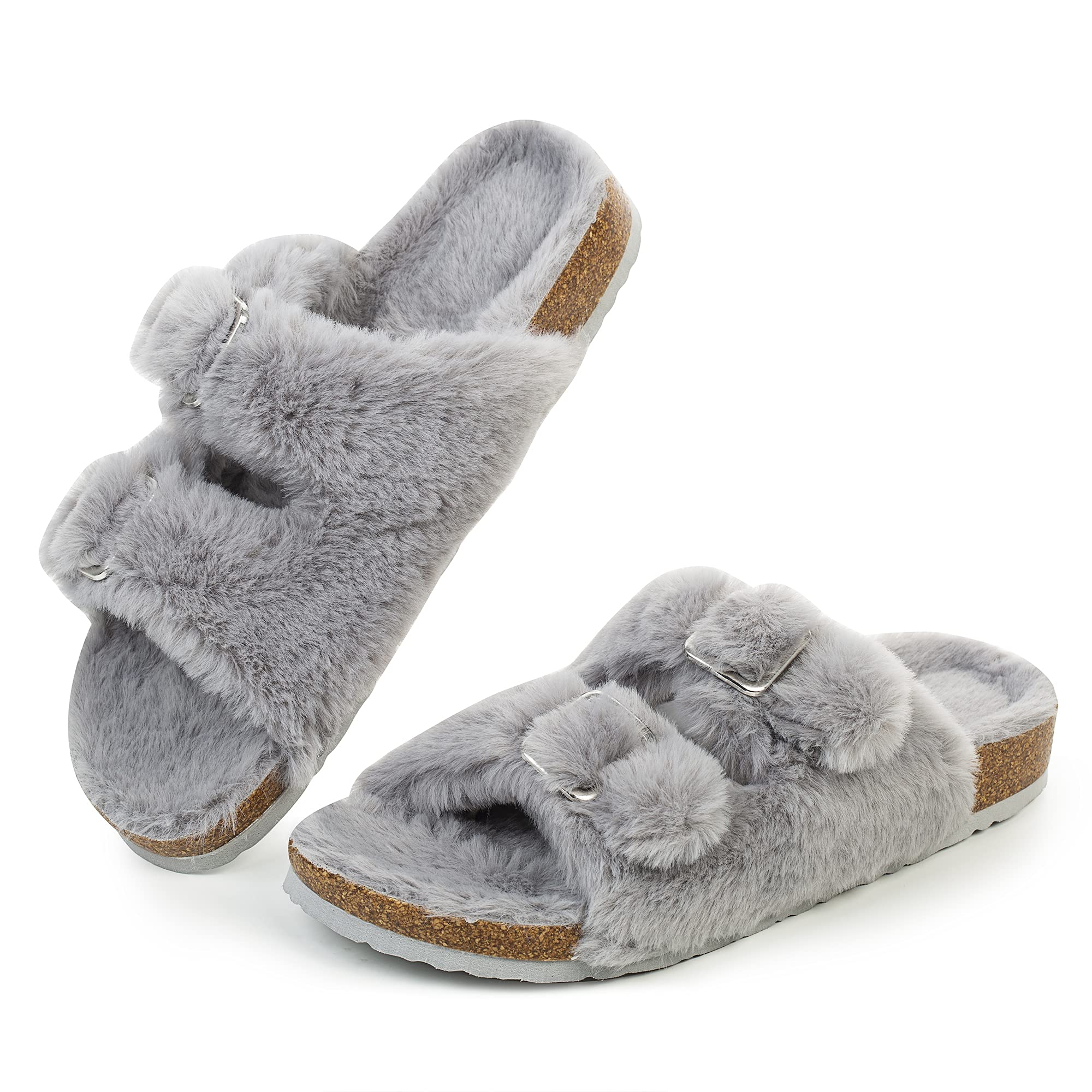 FITORY Womens Open Toe Slipper with Cozy Lining,Faux Rabbit Fur Cork Slide Sandals Size 6-11