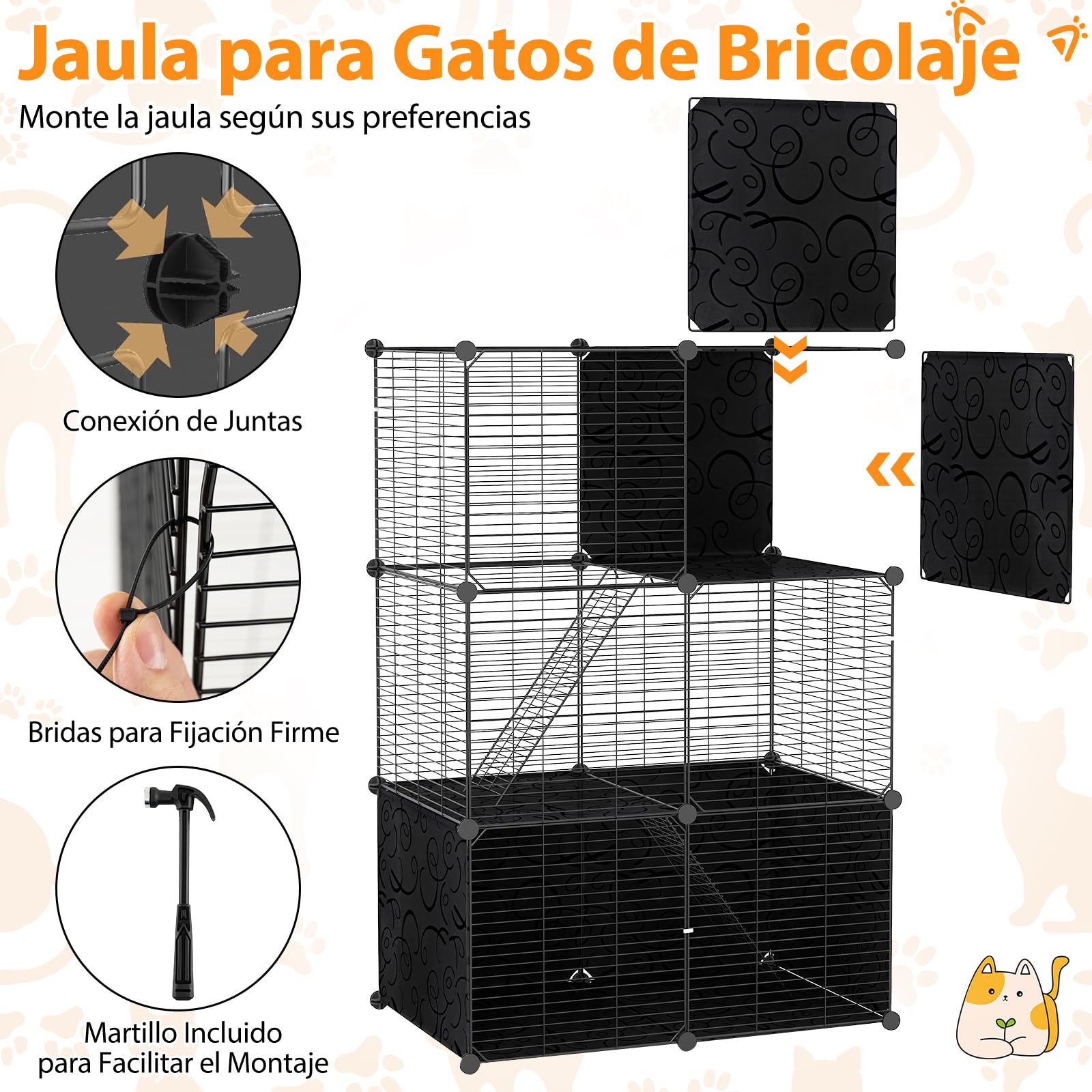COSTWAY Jaula Grande para Gatos, Recinto para Gatitos de 3 Niveles de Alambre Metálico para Interiores, Parque de Metal para Gatos, Corral para Mascotas para Pequeños Animales, 74 x 47 x 110 cm