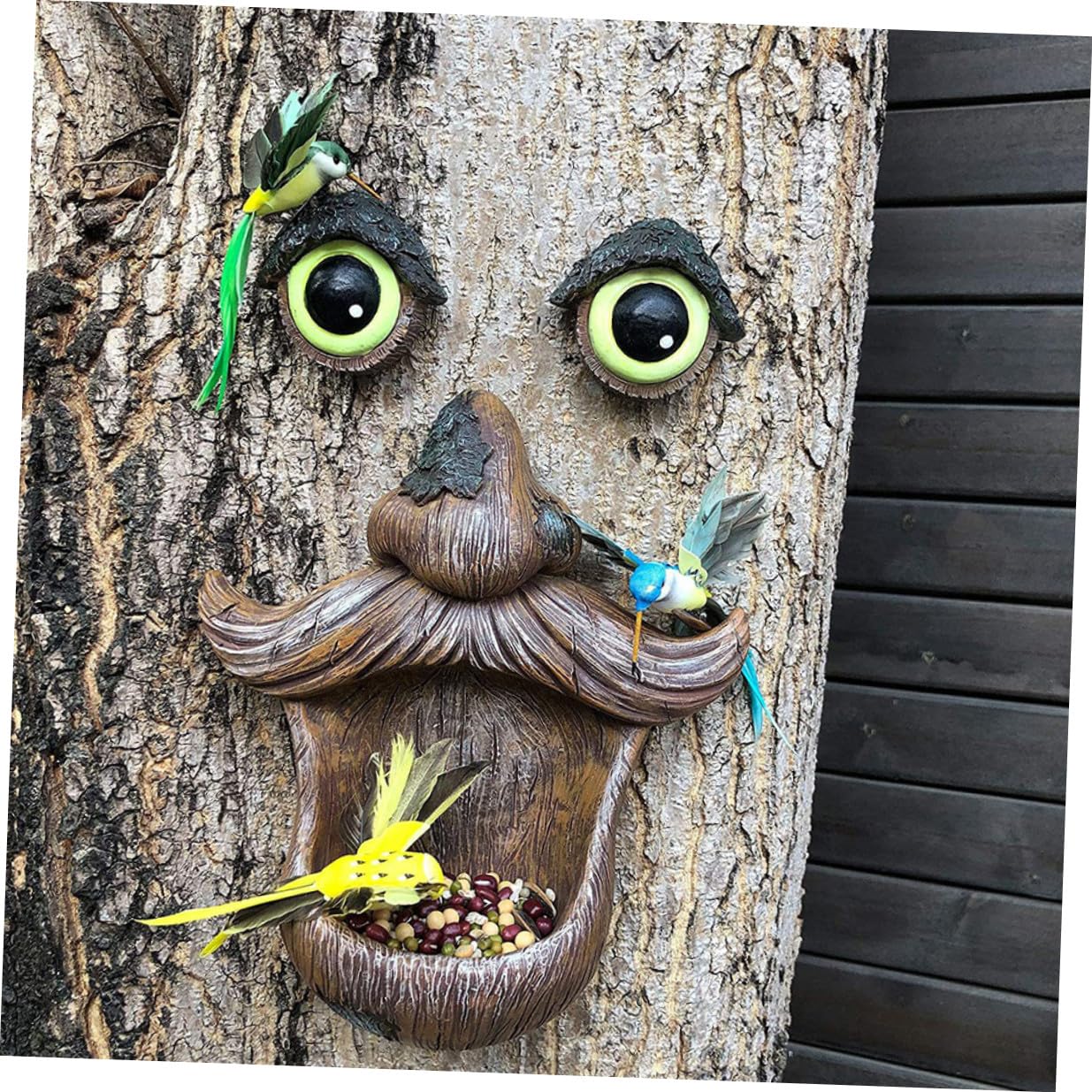 Veemoon Mangiatoia per Uccelli da Esterno Tree Face Occhi Luminosi, Contenitore per Alimentazione Uccelli, Decorazione da Giardino per Cortile e Osservazione Natura