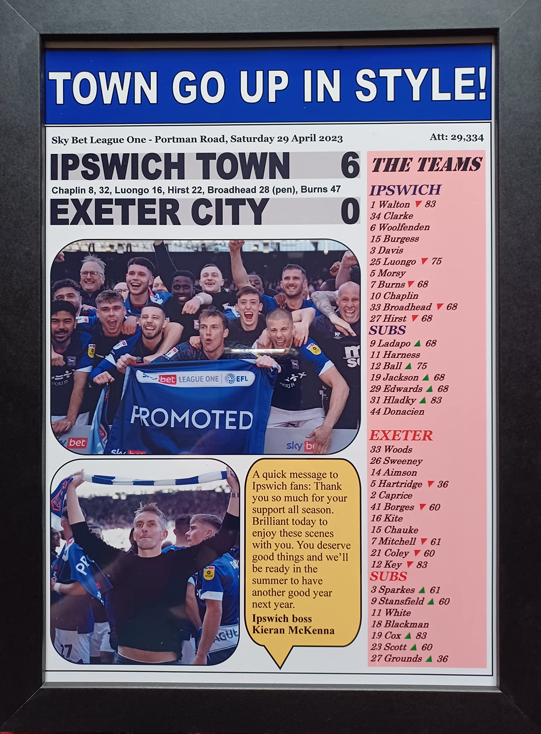 Multicoloured Ipswich Town 6 Exeter City 0-2023 League One - Ipswich Promoted - Framed Print