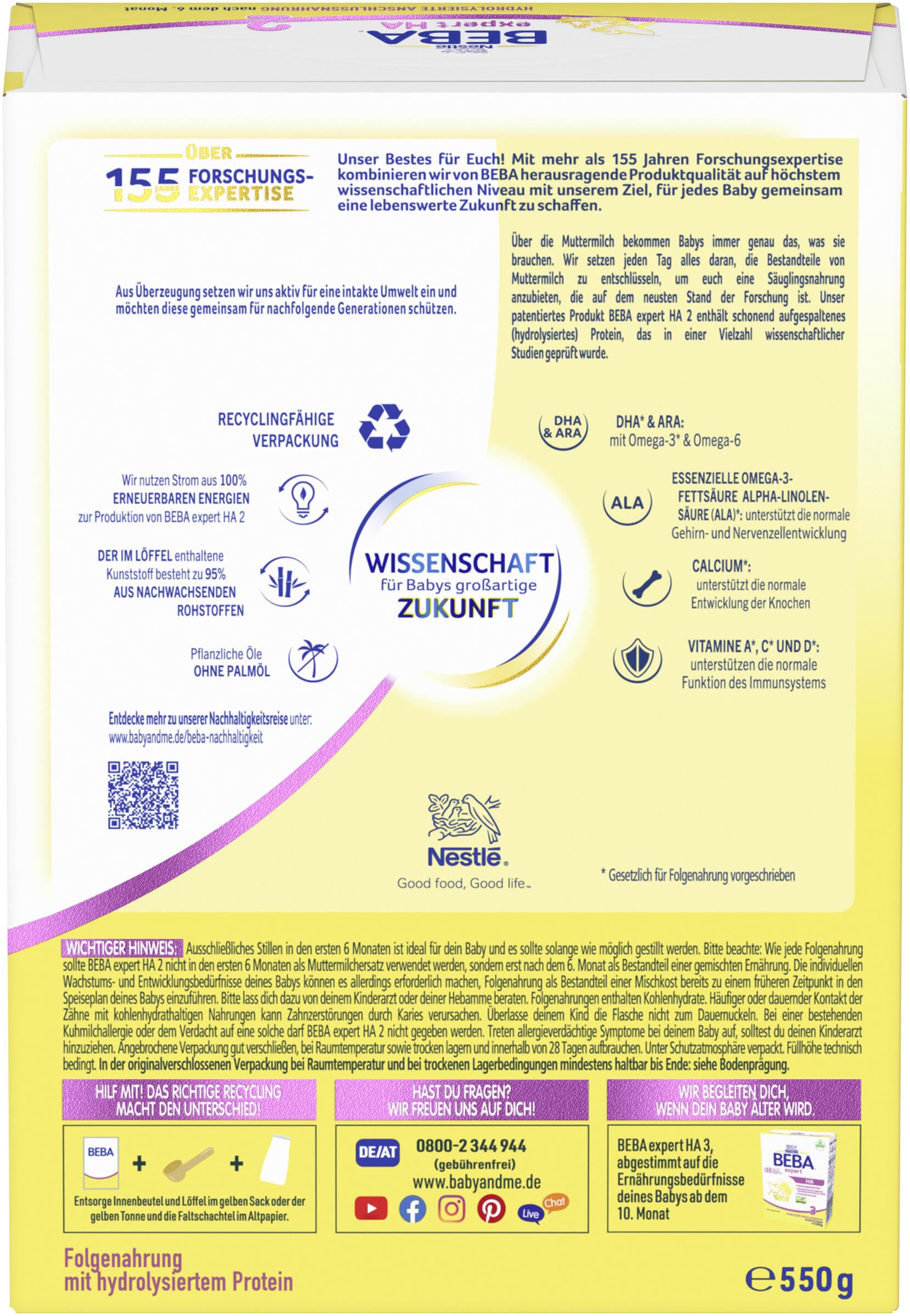 BEBA expert HA 2 - Folgemilch nach dem 6. Monat, Hydrolysierte Anschlussnahrung, Patentierets Produkt, Nur Laktose, Ohne Palmöl, Ohne Fischöl, Babynahrung, Baby-Milchpulver, 6er Pack (6 x 550g)