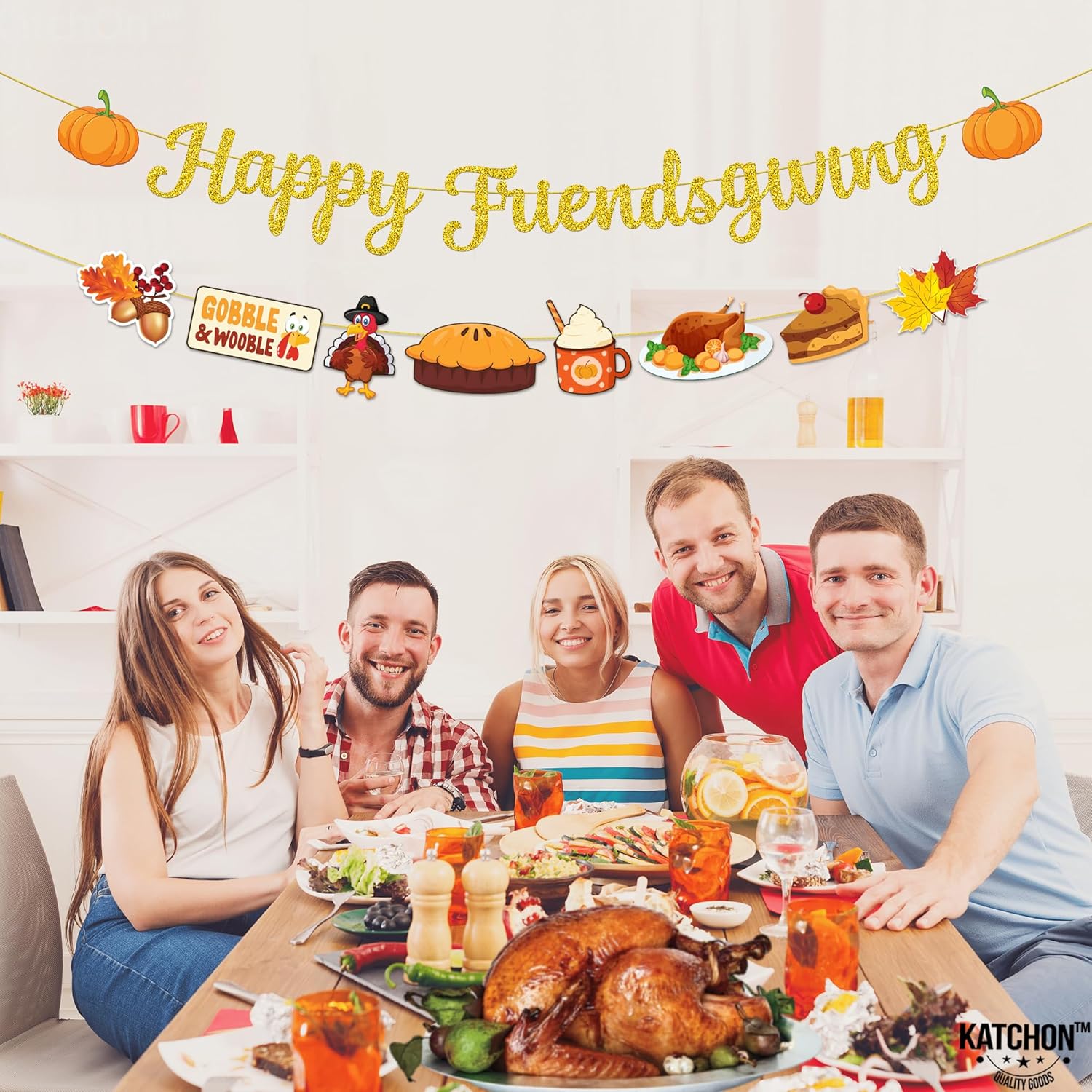 KatchOn, Happy Thanksgiving Decorations - Bundle of 2 | Happy Friendsgiving Banner Gold | Thanksgiving Tablecloth, Thanksgiving Plates and Napkins with Cups and Cutlery | Thanksgiving Party Supplies