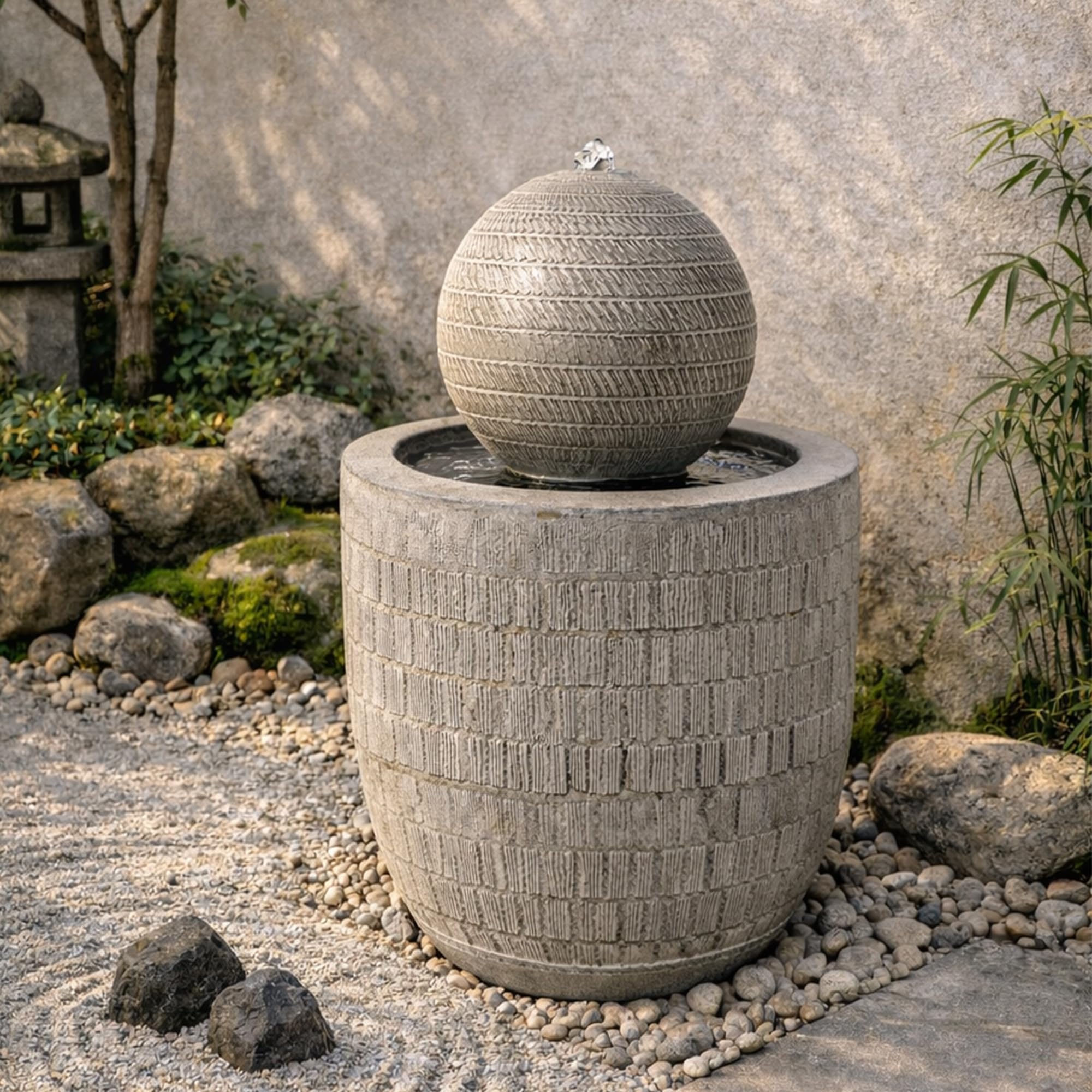KÖHKO Fontaine de jardin sphérique zen avec LED - Fontaine décorative moderne avec surface structurée pour jardin, terrasse et intérieur