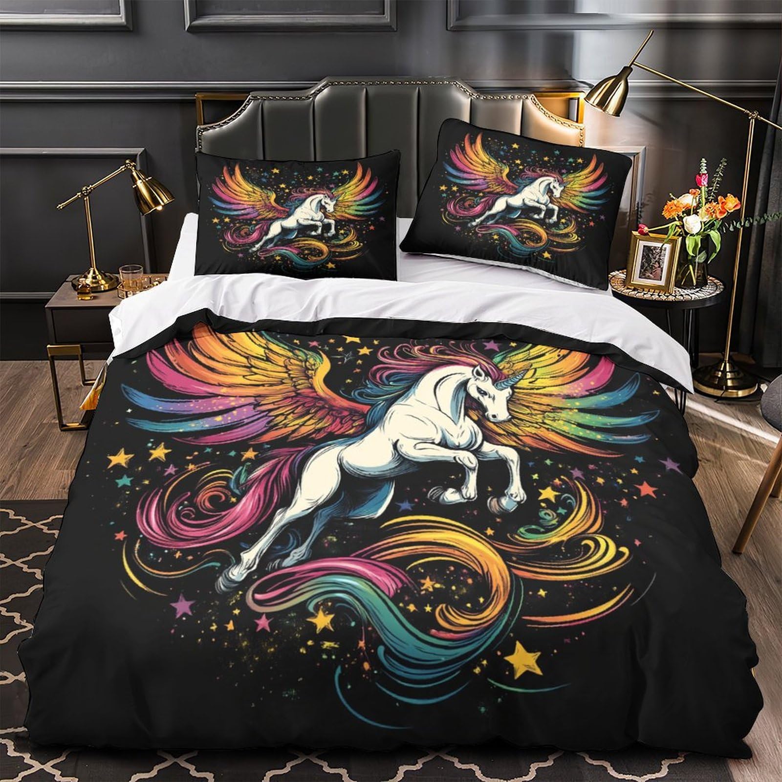 Housse de couette 260x220 créature ailée fantastique et grand drap de couette microfibre lavable