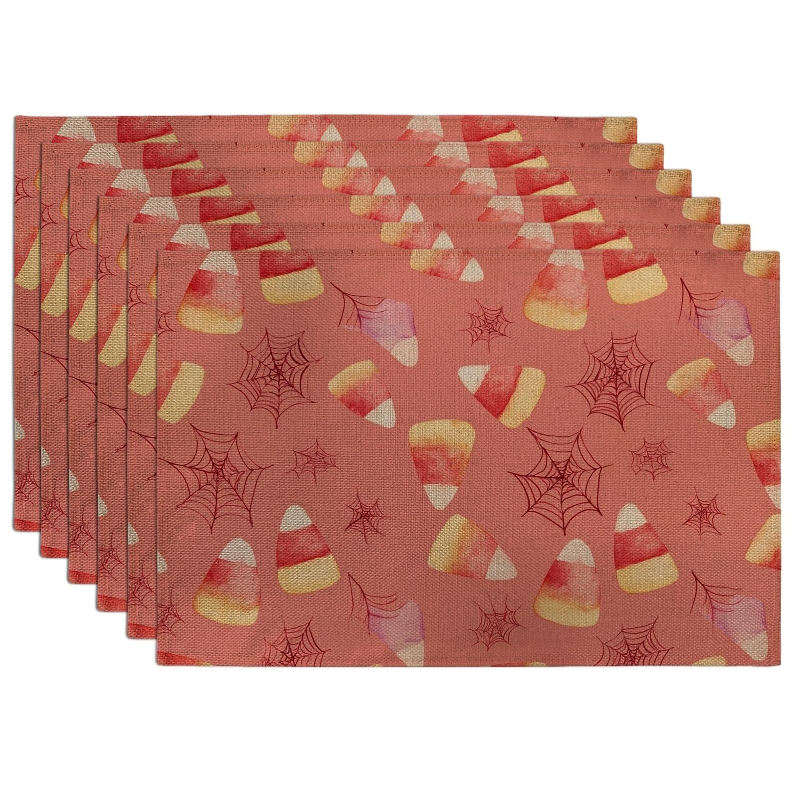 Halloween Candy Corn Placemats, Orange Cozy Decorative Place mats for Dining Table, Non-Slip Washable Indoor Outdoor Festive Placemat Set of 6