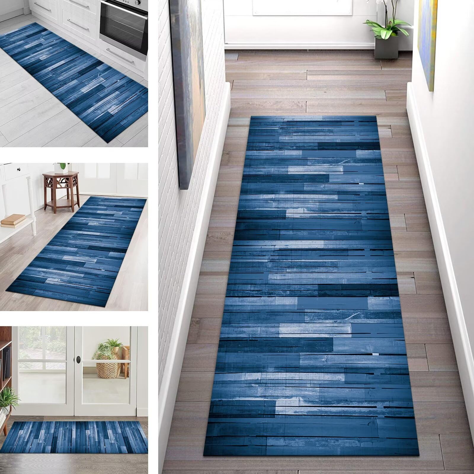 Teppich Läufer Lang Küche Flur Wohnraum Teppichläufer Rutschfest Waschbar Küchenläufer Teppichmatten Blau Holzmaserung 60X300CM Meterware Läufer Flurteppich Wohnzimmer Schlafzimmer Küchenteppich