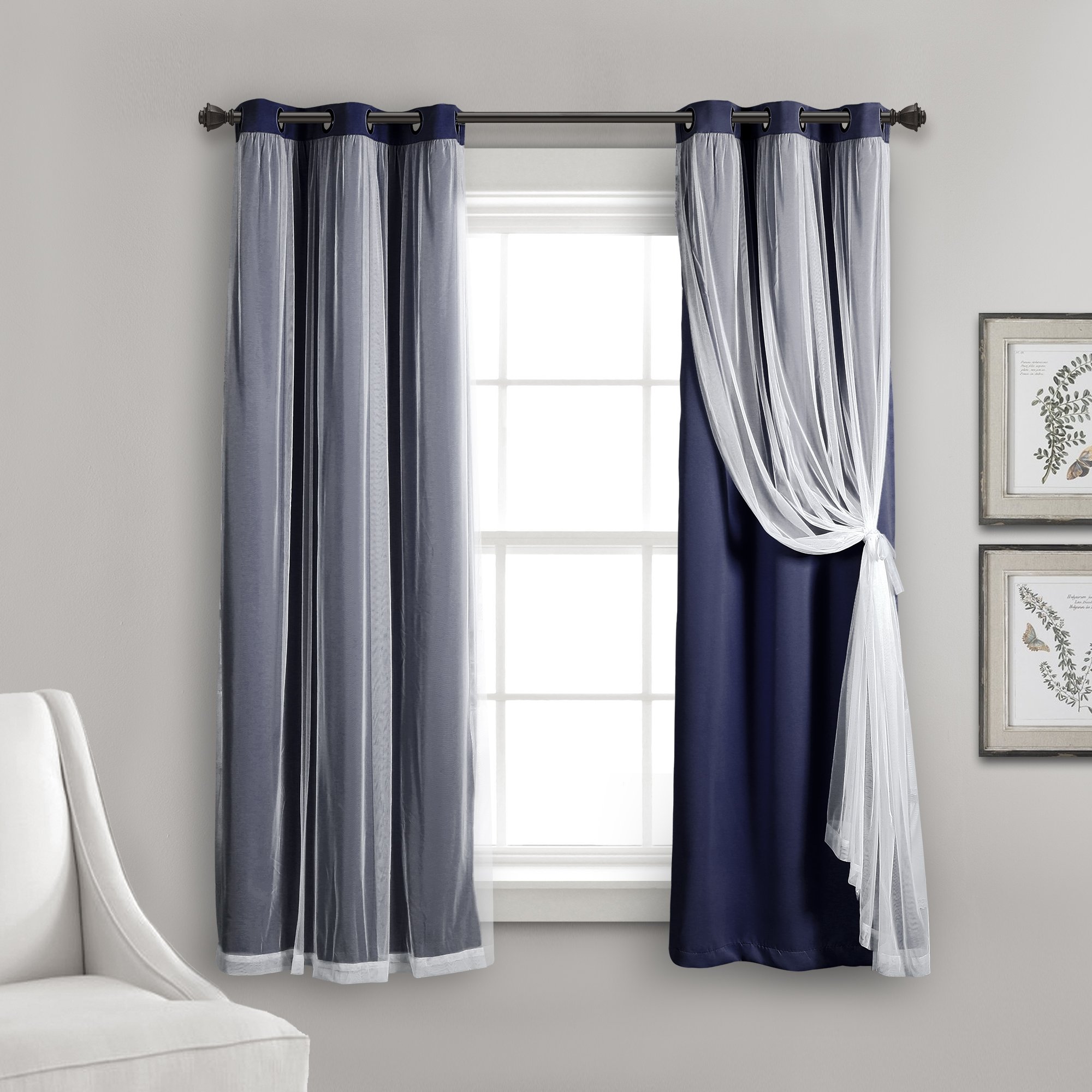 Lush Decor Sheer Grommet Curtains With Insulated Blackout Lining, Window Curtain Panels, Pair, 38"W x 63"L, Navy - Curtain With Sheer Overlay, Elegant Blackout Curtains for Bedroom
