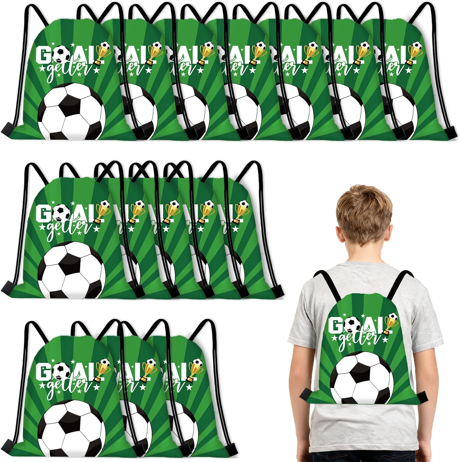 Dimore 16 Pack Soccer Drawstring Bags Bulk, Reusable Snack Bags for Soccer Team, 10 x 12 Inch Polyester Party Favor & Goodie Bags (Green)