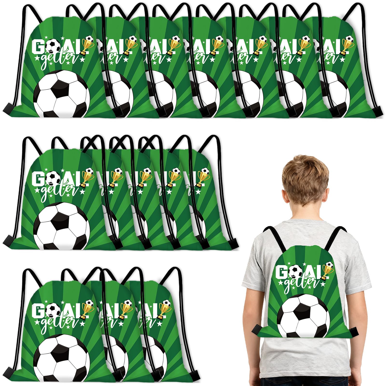 Dimore 16 Pack Soccer Drawstring Bags Bulk, Reusable Snack Bags for Soccer Team, 10 x 12 Inch Polyester Party Favor & Goodie Bags (Green)