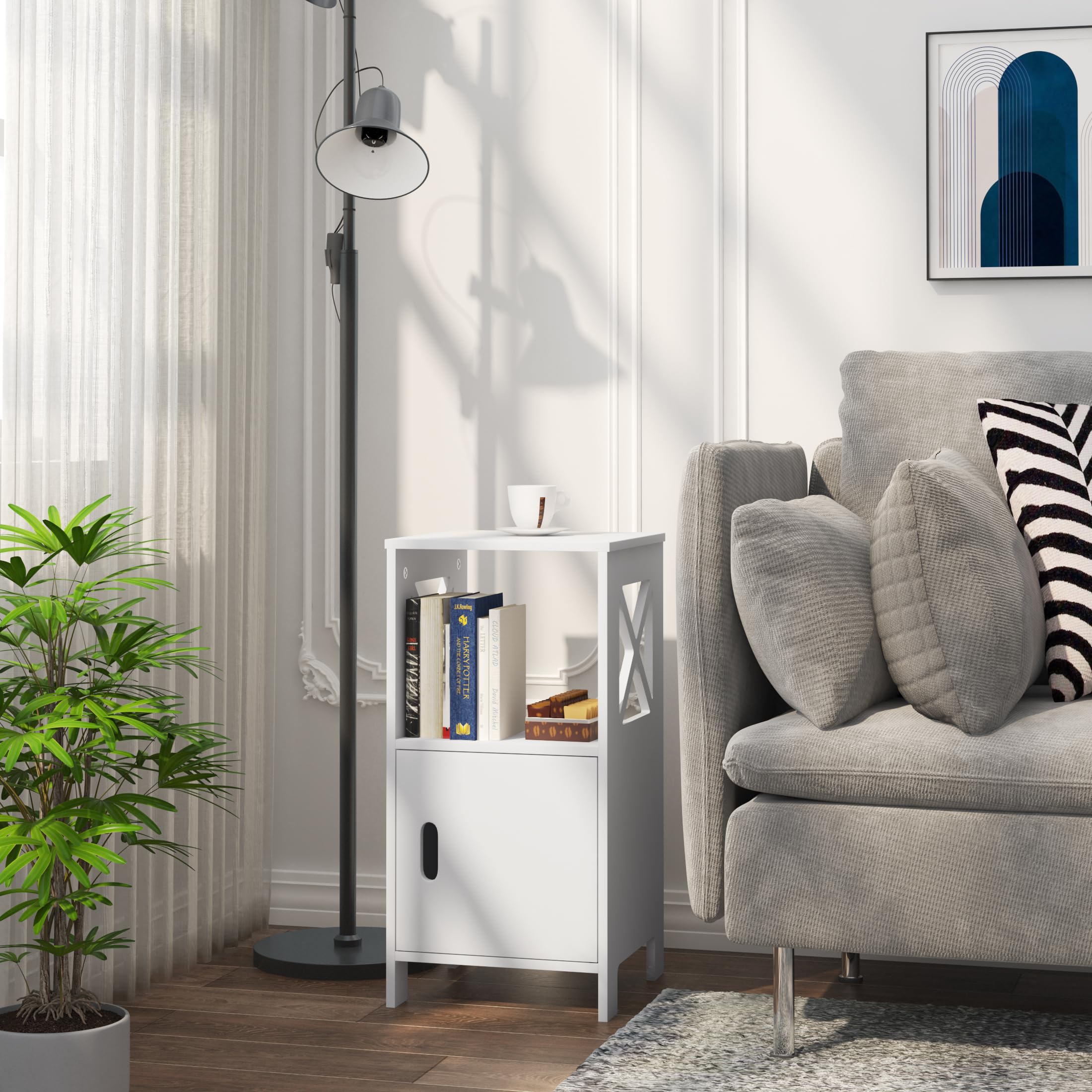 WOLTU 2XMesita de Noche Blanca, Mesilla de Noche Estrecha Dormitorio para Almacenar, 30x30x60 cm, Mesita Auxiliar con Compartimento Abierto y Gabinete con Puerta, Estilo Moderno, MDF, TSR166ws-2