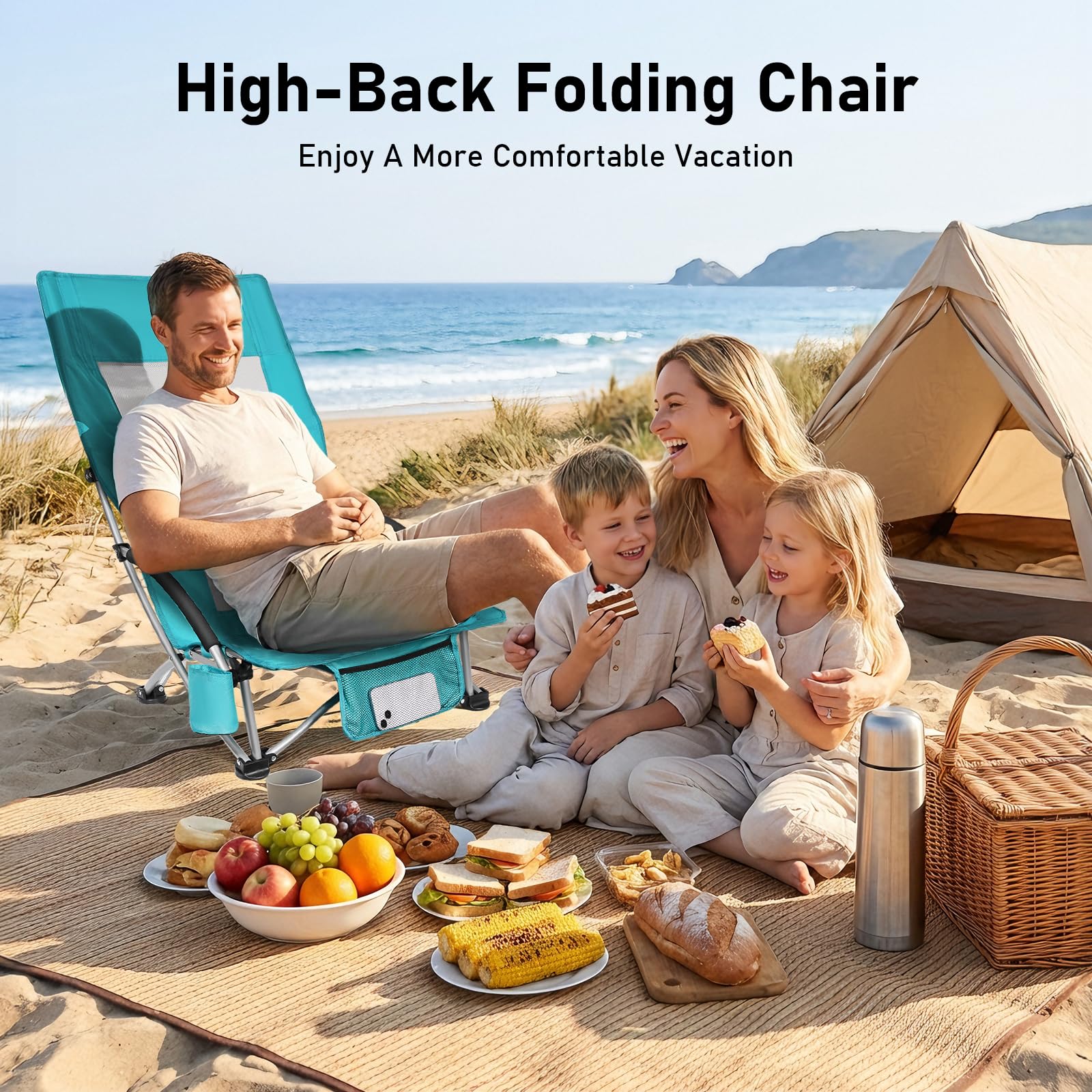WildFun Chaise de plage pliante, légère et portable, chaise de camping et de pêche avec dossier haut, porte-gobelet, supporte 180 kg pour voyage, extérieur, barbecue, pique-nique, festival (1 pièce