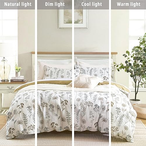 Miniatura 6 de Juego de edredón botánico de 3 piezas de algodón natural, edredón verde con lujosas hojas tostadas y grises sobre blanco, reversible, ligero, floral