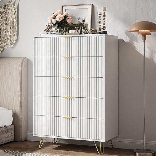 Vista 18 de Cómoda blanca para dormitorio, cómoda de 7 cajones con tiradores dorados, cómoda ancha para dormitorio, entrada, 47.2 pulgadas de largo x 15.7