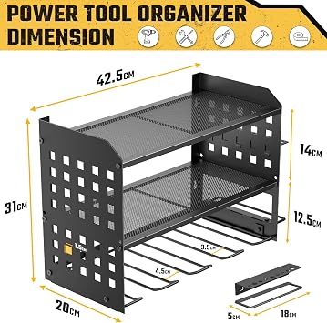 Yeabett 3 Layer Power Tool Storage, Tool Rack for 4 Drill Holders, Heavy Duty Wall Mounted Rack for Garage, Home, Workshop (Black)