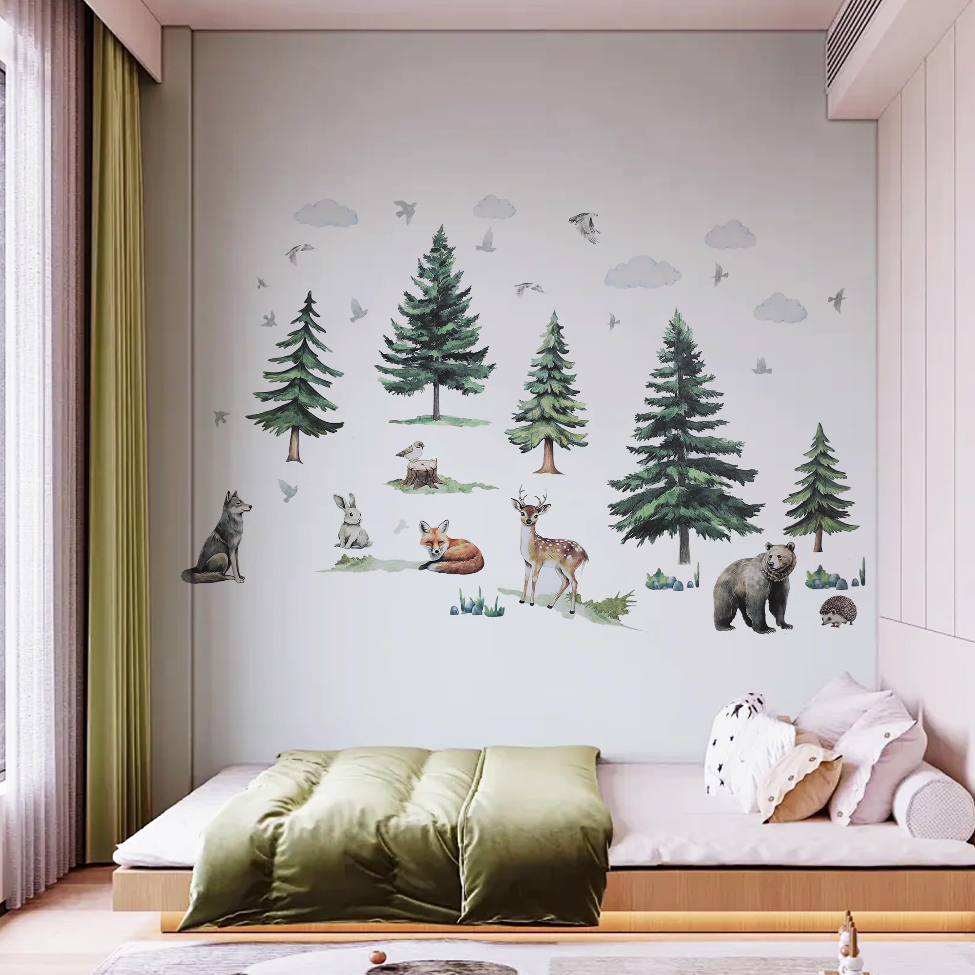 Large Pine Tree Wall Decals Tree Wall Stickers Forest Animal Bear Wall Stickers for Kids Bedroom Baby Nursery Home Decorations