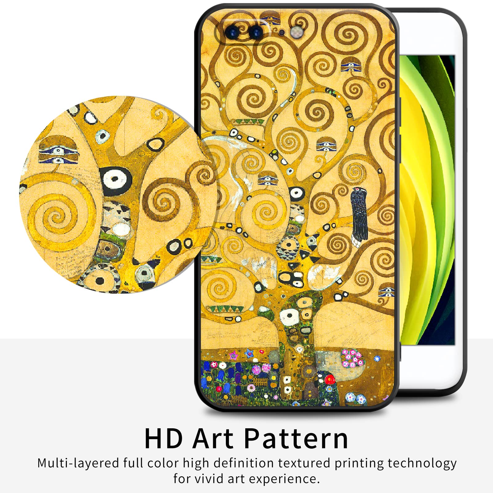 Compatibile con iPhone 7 Plus Custodia/iPhone 8 Plus Custodia Premium Silicone Progettata Marrone Fioriture Antiurto Morbido Vieni con una protezione per lo schermo (Gustav Klimt-Albero della vita