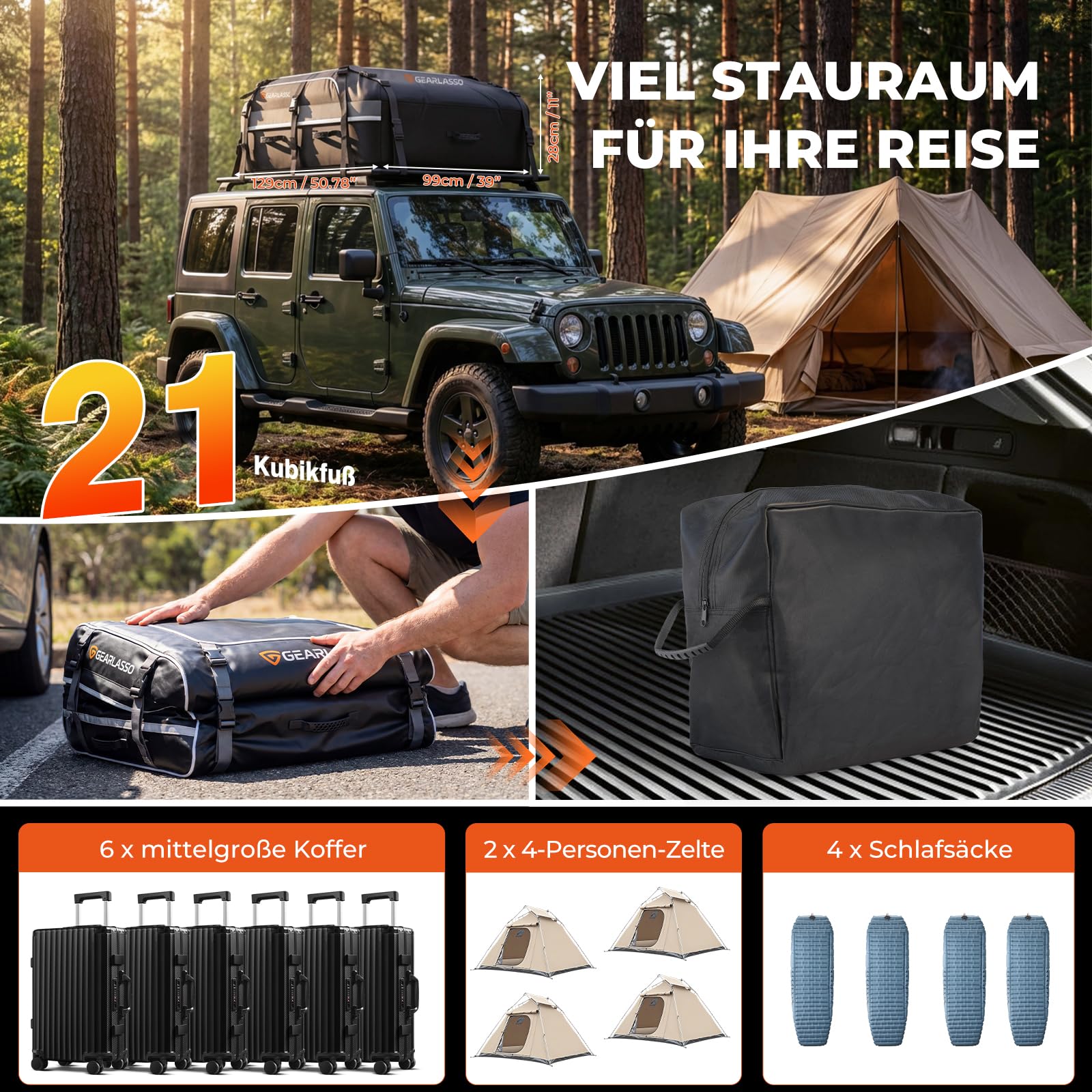 Autodachtasche 21 Kubikfuß (595 L), wasserdichte Dachbox für Pkw, SUV & Van, Robustes 840D-PVC, universell passend mit/ohne Dachgepäckträger, inkl. Rutschfester Matte & Zahlenschloss