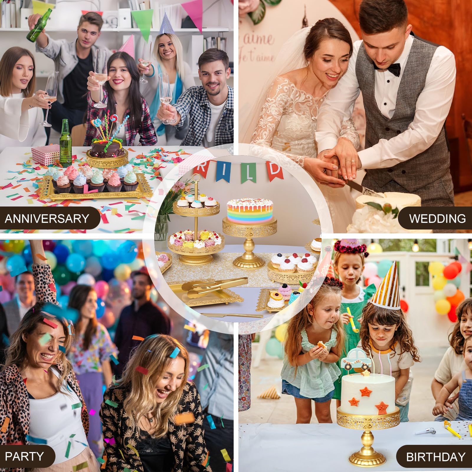 Juego de 10 soportes dorados para tartas, soporte de metal para cupcakes, mesa de postre, bandeja de servir para cumpleaños, boda, fiesta, celebración