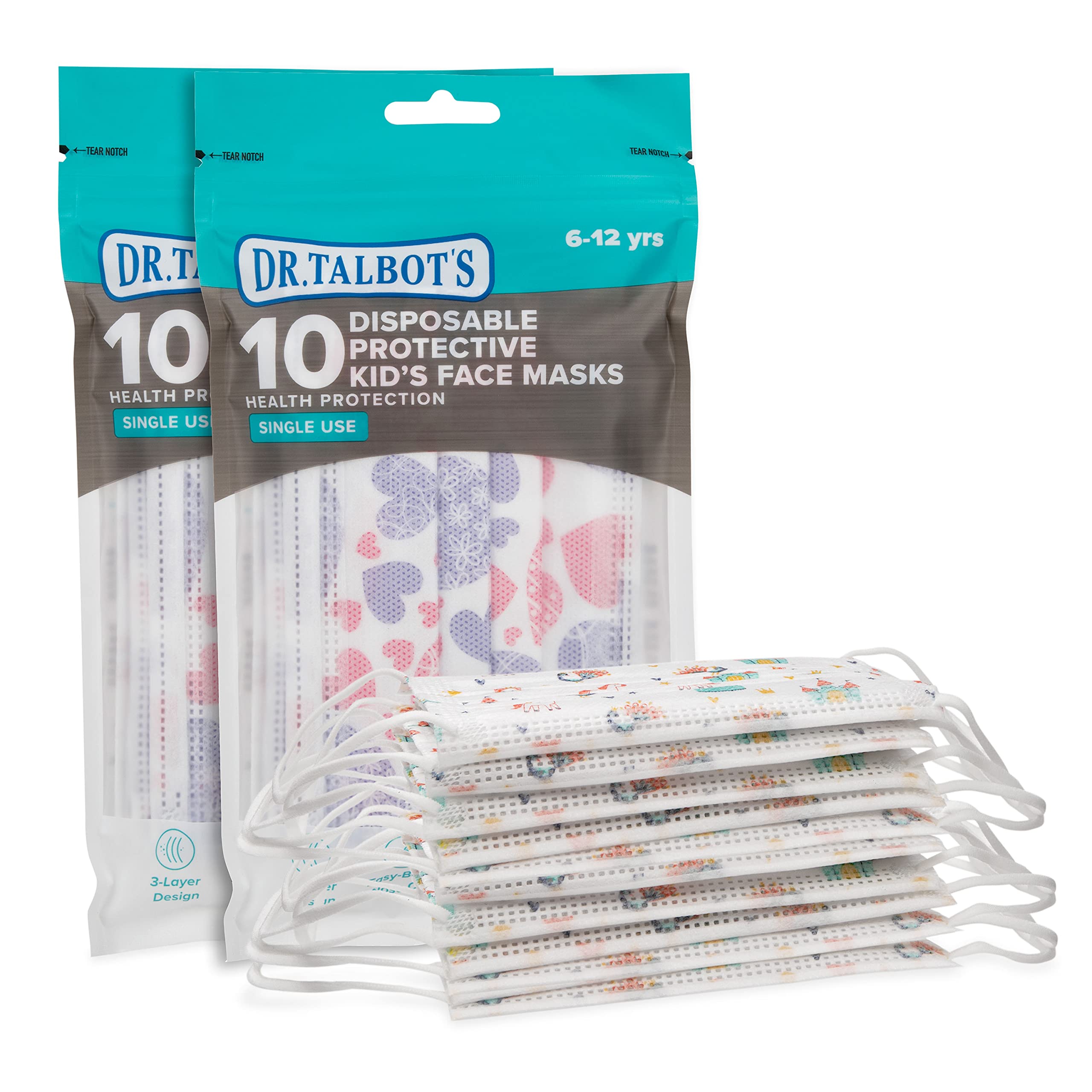Dr. Talbot'sDisposable Kid’s Face Mask for Personal Health by Nuby, 20 Pack, Girl, 6-12 Years, Prints May Vary