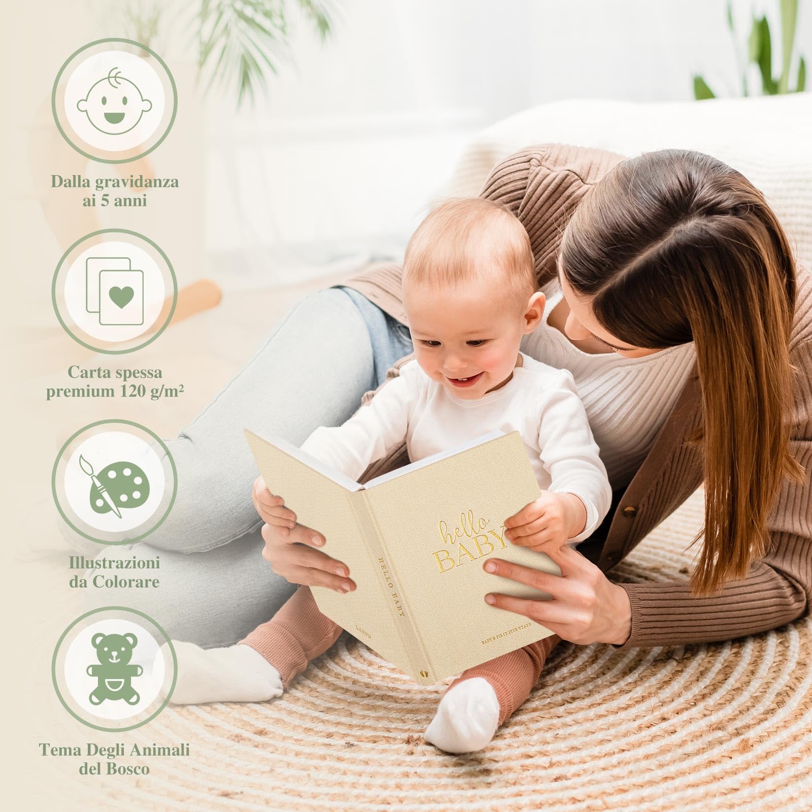 Lanpn Album Nascita Bambino e Bambina, Libro dei Ricordi Neonato per Primo Anno a 5 Anni, Albums Fotografico Neonato per Incollare Foto e Scritte, Diario Regalo Bimbo (Beige, 154 Pagine, Inglese)