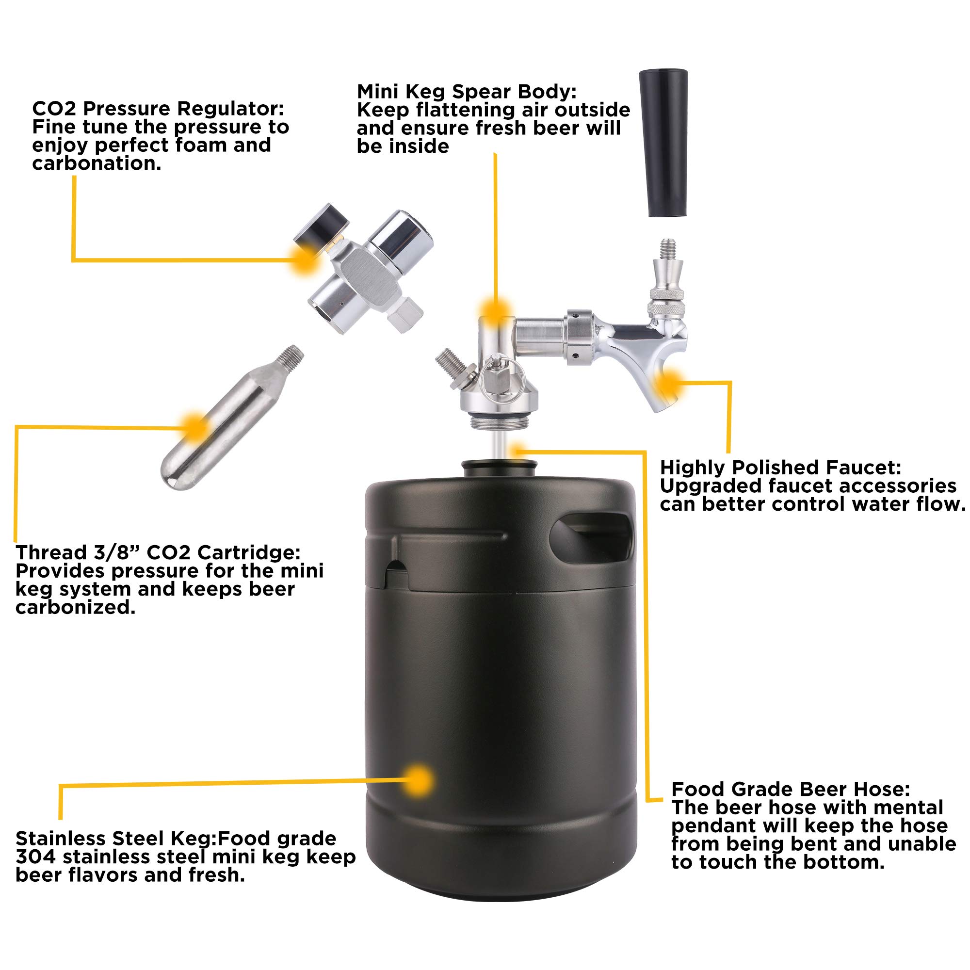 TMCRAFT - Mini Keg Growler da 2 Litri - Sistema di Kit di fusti per Uso Domestico pressurizzato in Acciaio Inossidabile per Mantenere la freschezza e la carbonatazione della Birra (Nero Opaco)