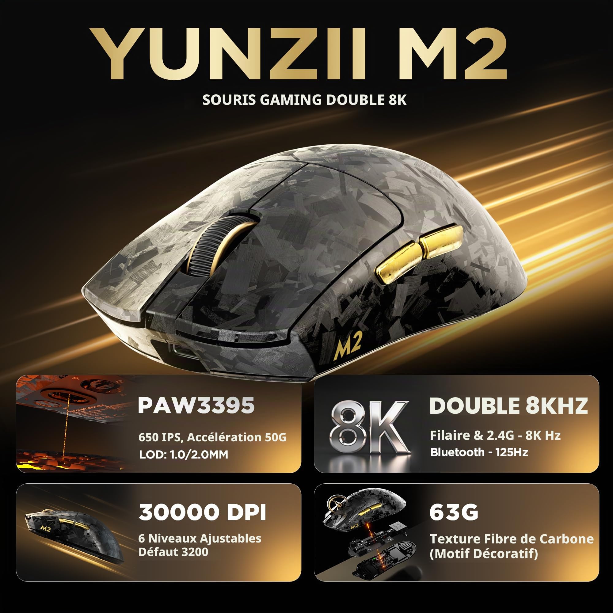 YUNZII M2 Souris Gamer sans Fil Dual 8K PAW3395, DPI 6 Niveaux (Noir)