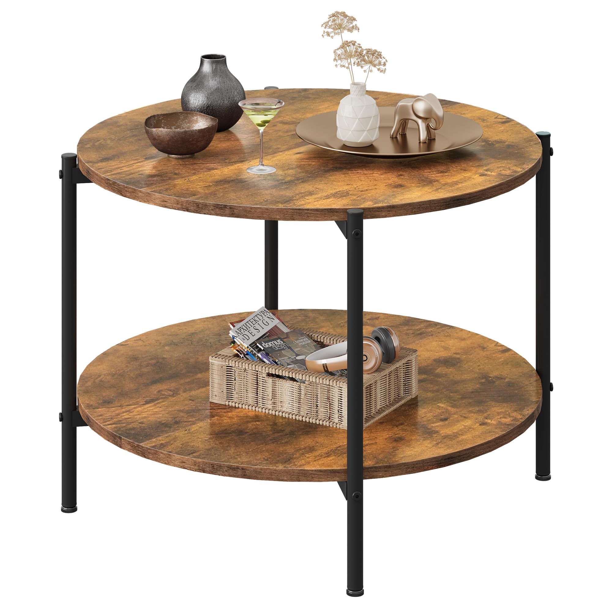 WLIVE Runder Couchtisch Weiß, Wohnzimmertisch Holz mit 2 Ebenen, Sofatisch mit viel Stauraum, für Wohnzimmer, Schlafzimmer, Modern Design (Couchtisch Rund, Braun)