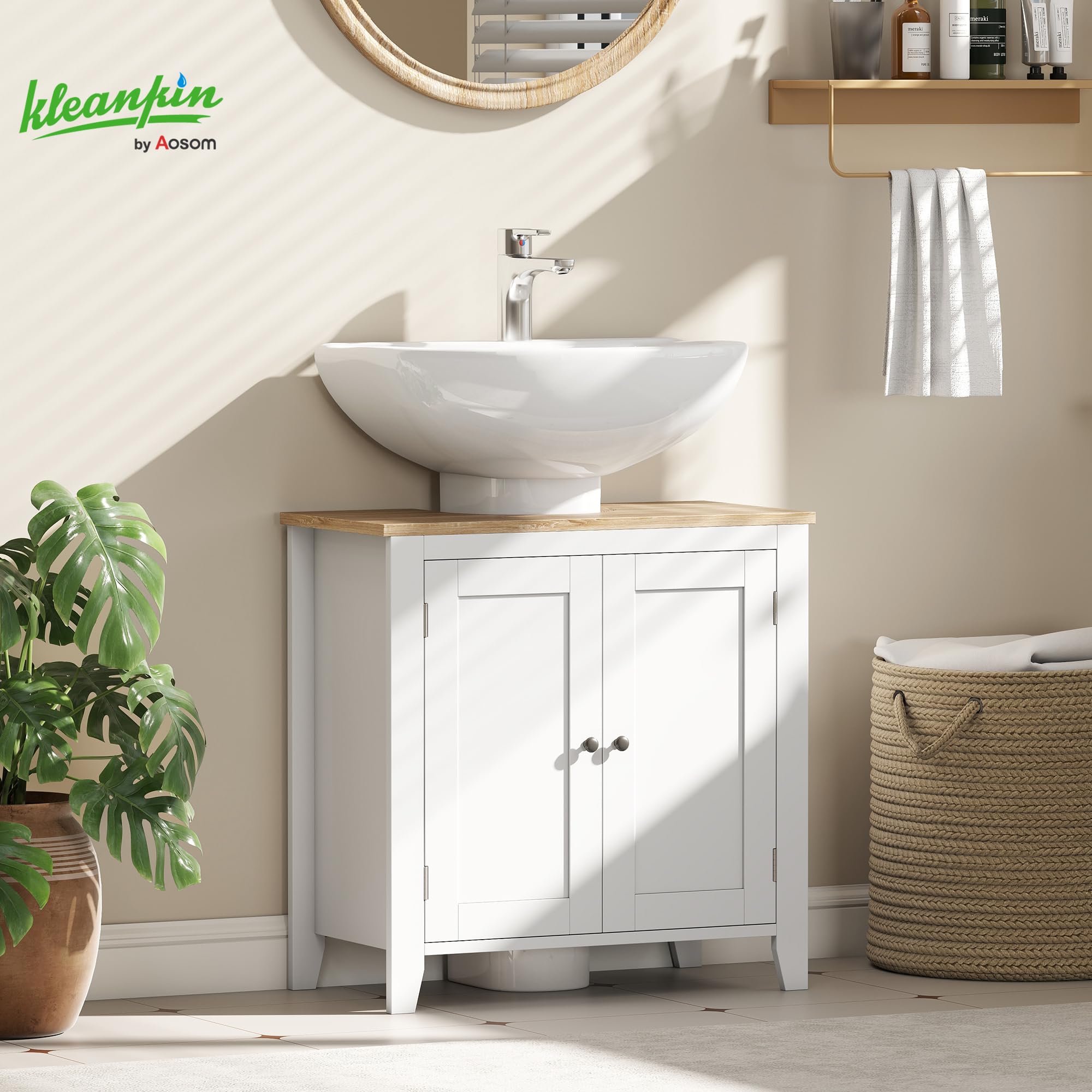 kleankin Mobile Sottolavabo Bagno a U 60x30x60 cm Bianco e color Legno