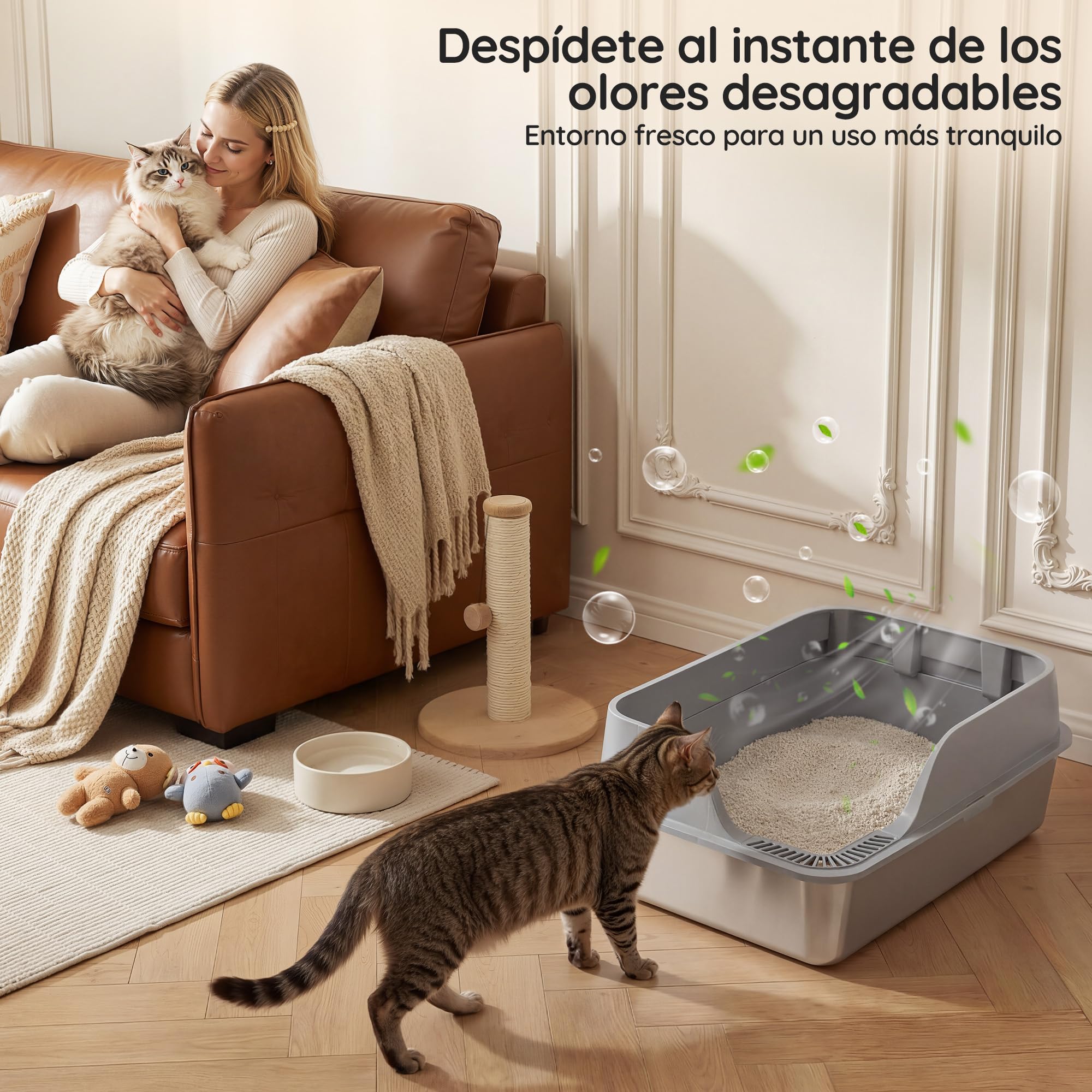 JUMMICO Arenero Acero Inoxidable Gatos, con Entrada Antigoteo, Robusto y Resistente a los Arañazos, Fondo Antiadherente Fácil de Limpiar,60L Caja de Arena para Gatos Grande con Pala y Bolsas de Basura
