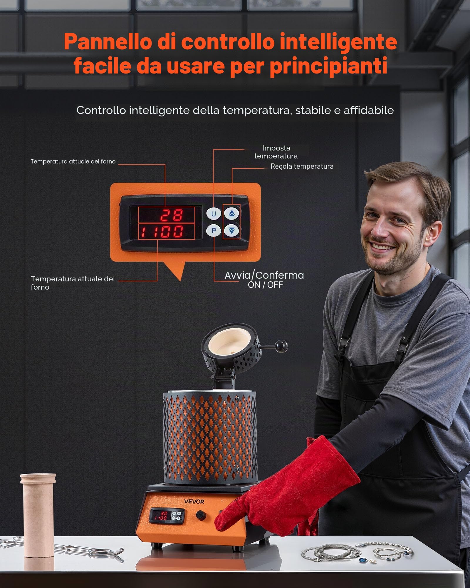 VEVOR Forno di Fusione Elettrico, 1350 W Macchina per Fusione di Metalli da 1150 ℃ con Crogiolo in Ceramica da 3 kg, Kit per Oro per la Creazione di Gioielli, Barre di Metallo, Componenti Metallici