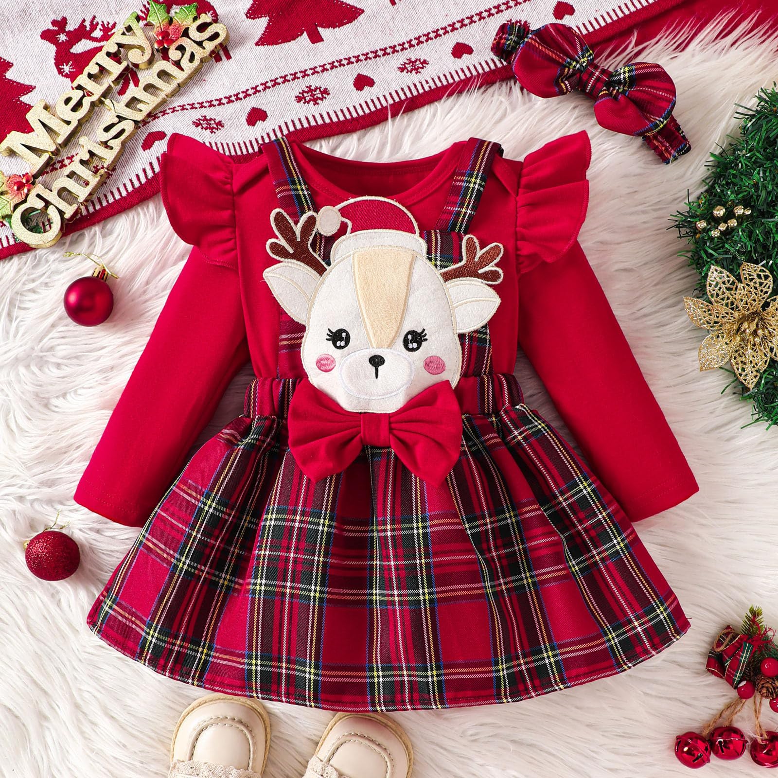 Weihnachtskleidung für Babys, Mädchen, 74, Langarm, Cartoon, Träger, Plaid, Röcke, Babykleidung