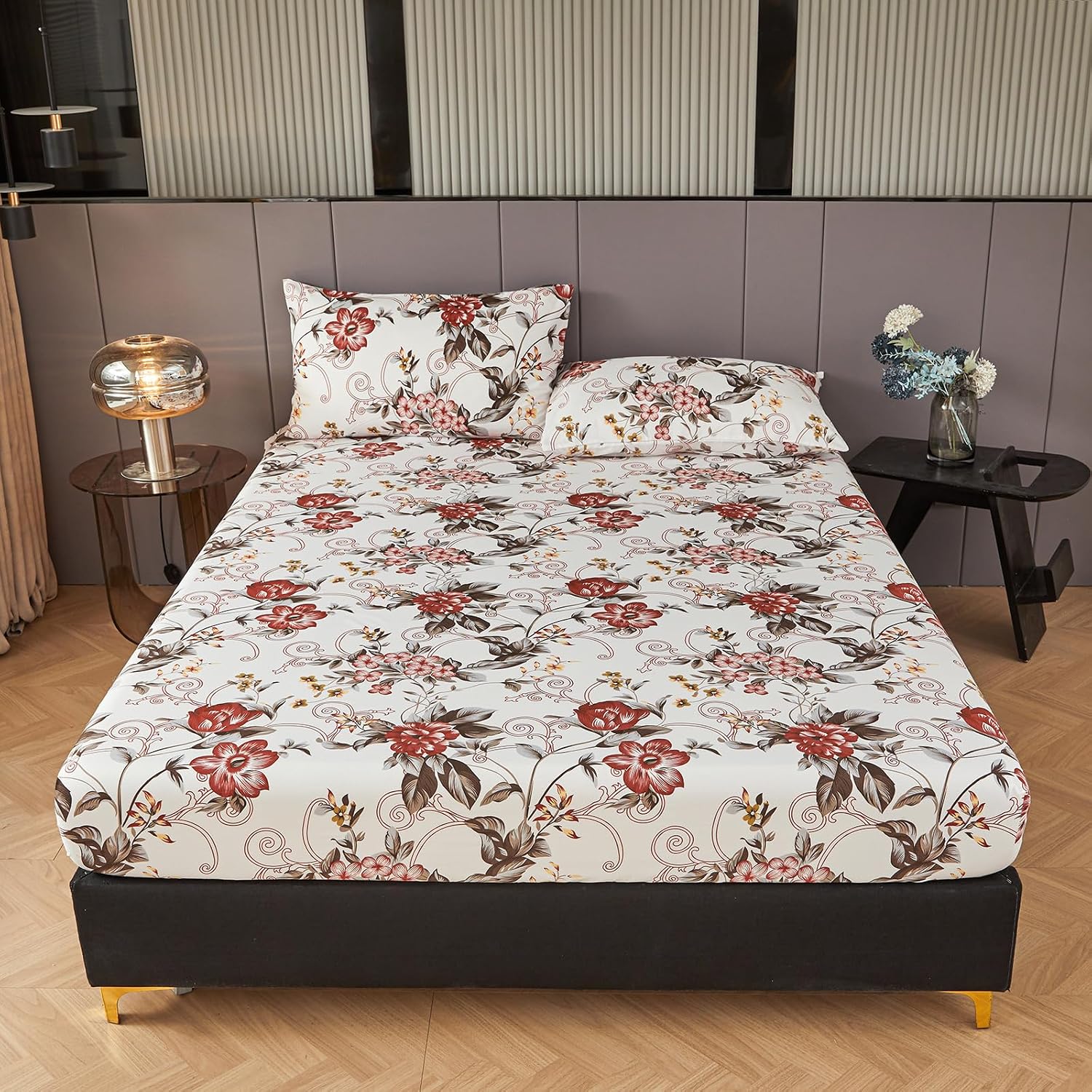 LweiPsqLin Full Size Fitted Sheet - Floral Brushed Microfiber Bed Sheet with 15 Inch Deep Pocket Elastic Edges - Shrink & Fade Resistant, Botanical Print Bedding