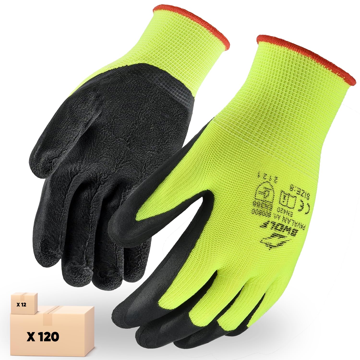 BWOLF PAVALAN 12 Paar Handschuhe Arbeitshandschuhe Herren Arbeitshandschuhe Damen Mechaniker Handschuhe Herren Montagehandschuhe mit robuster Latex Beschichtung (1 paar, 9)