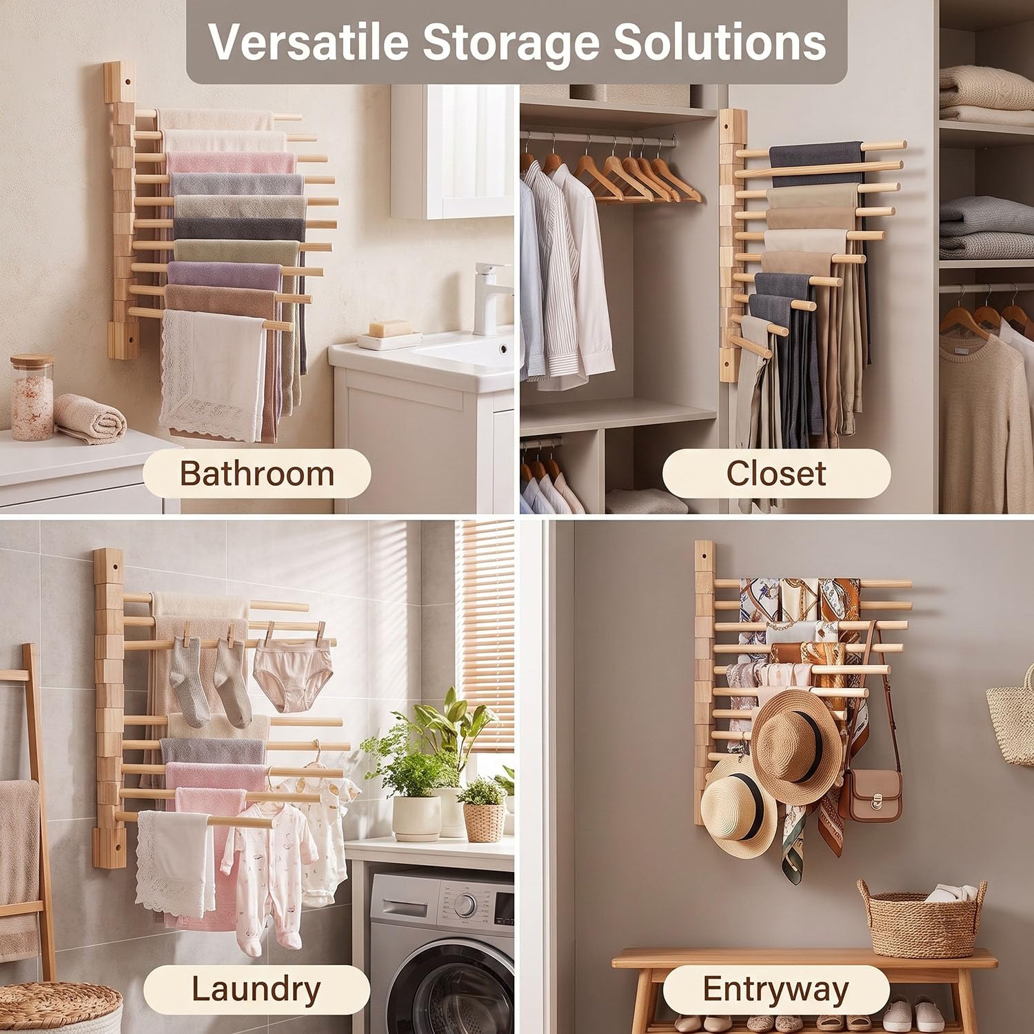 Wall Mounted Wooden Trouser Rack Studio Space Saving Storage Organizer