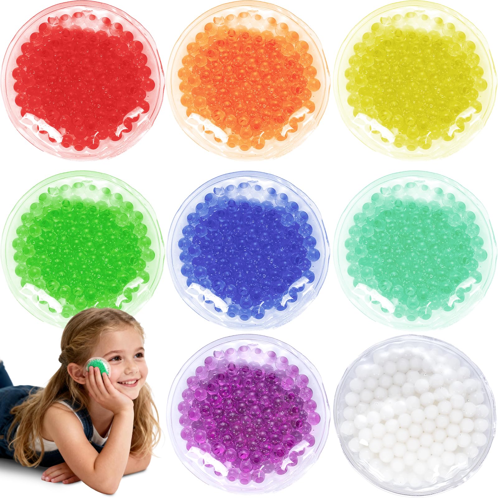 Boo Boo Hot Cold Ice Packs for Pain Relief, Lunch Bags Ice Packs, Reusable Gel Ice Pack for Kids Injuries, Fever, Wisdom Teeth, Tired Eyes, Headaches, Gel Bead Wrap (8 Colors ＆ Round)