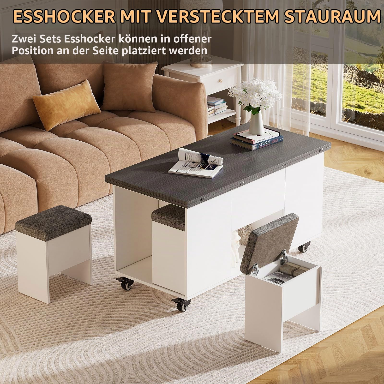 Couchtisch Umwandelbar in Wohnzimmer-Esstisch 4 in 1 Multifunktions-Wohnzimmertisch mit Stauraum & 4 Hockern Couchtisch Höhenverstellbar mit LED-Beleuchtung & Geräuscharmes Universalrad, Grau+Weiß