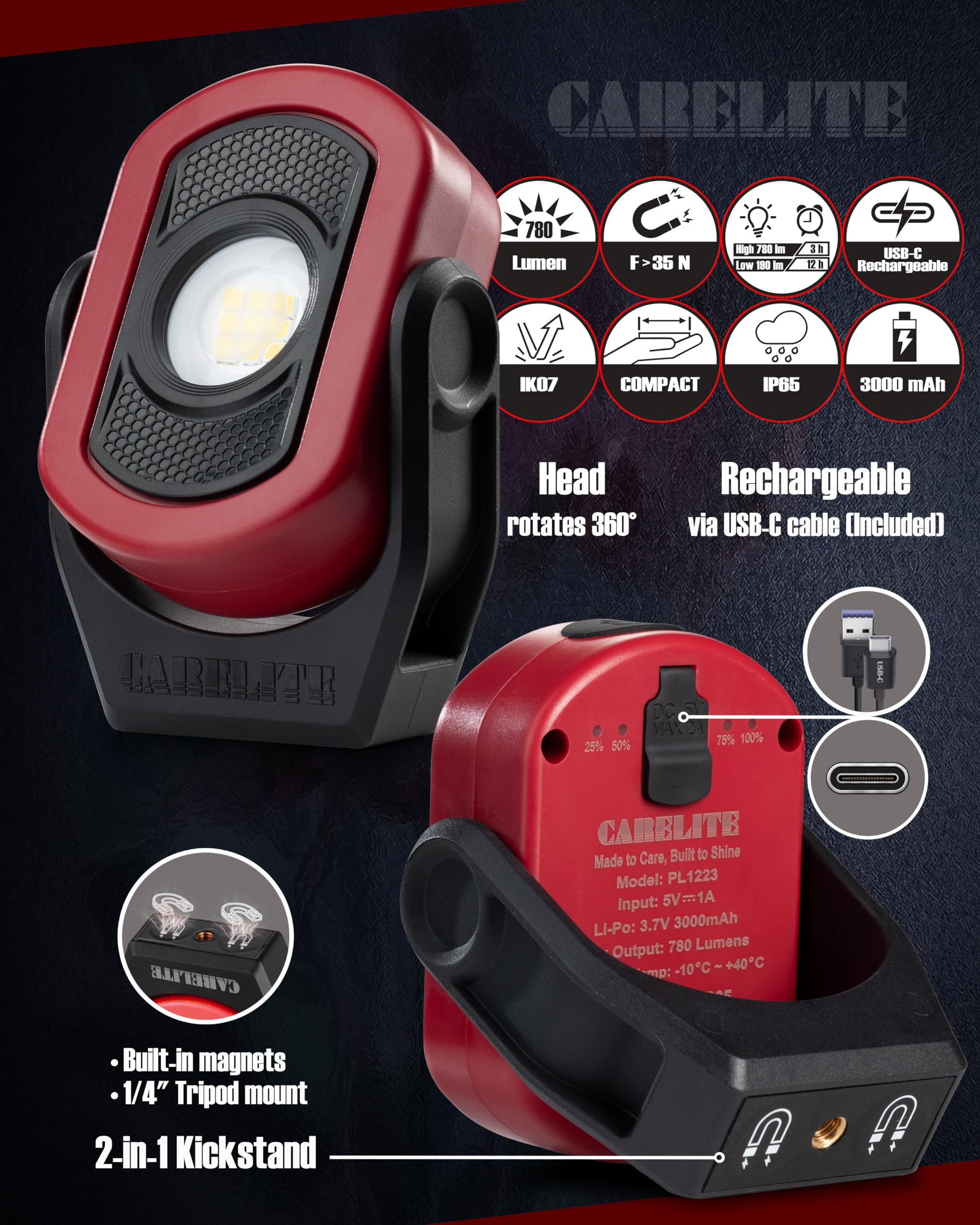 Magnetische Arbeitsleuchte - 780 Lumen Kompaktes Taschenlicht, wiederaufladbar 3000mAh, 360° schwenkbar, langlebig & tragbar für Mechaniker & Baustellen (Rot, 2er-Pack)