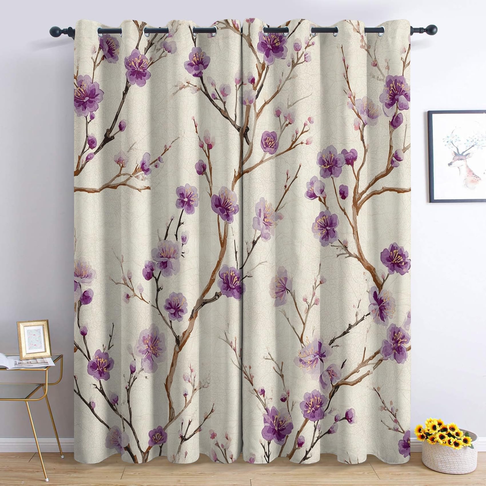 Purple Floral Blackout Curtains for Bedroom Living Room, Beige Flower Curtains 52 x 62, Thermal Insulated Eyelet Window Treatments 62 Drop, 2 Panels Drapes, Home Decor