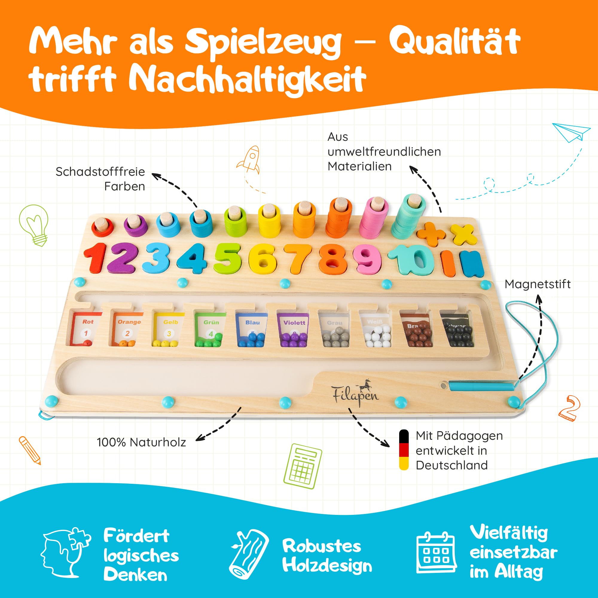 Filapen® Montessori zabawka od 3 lat, edukacyjna zabawka motoryczna, nauka kolorów i liczb, gra magnetyczna z drewna