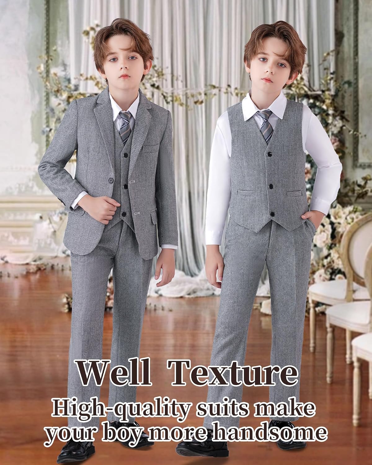 Retro Boys Suit Set 6 Piece Tweed Herringbone Slim Formal Suits for Ring Bearer Toddler Boys Suit for Wedding