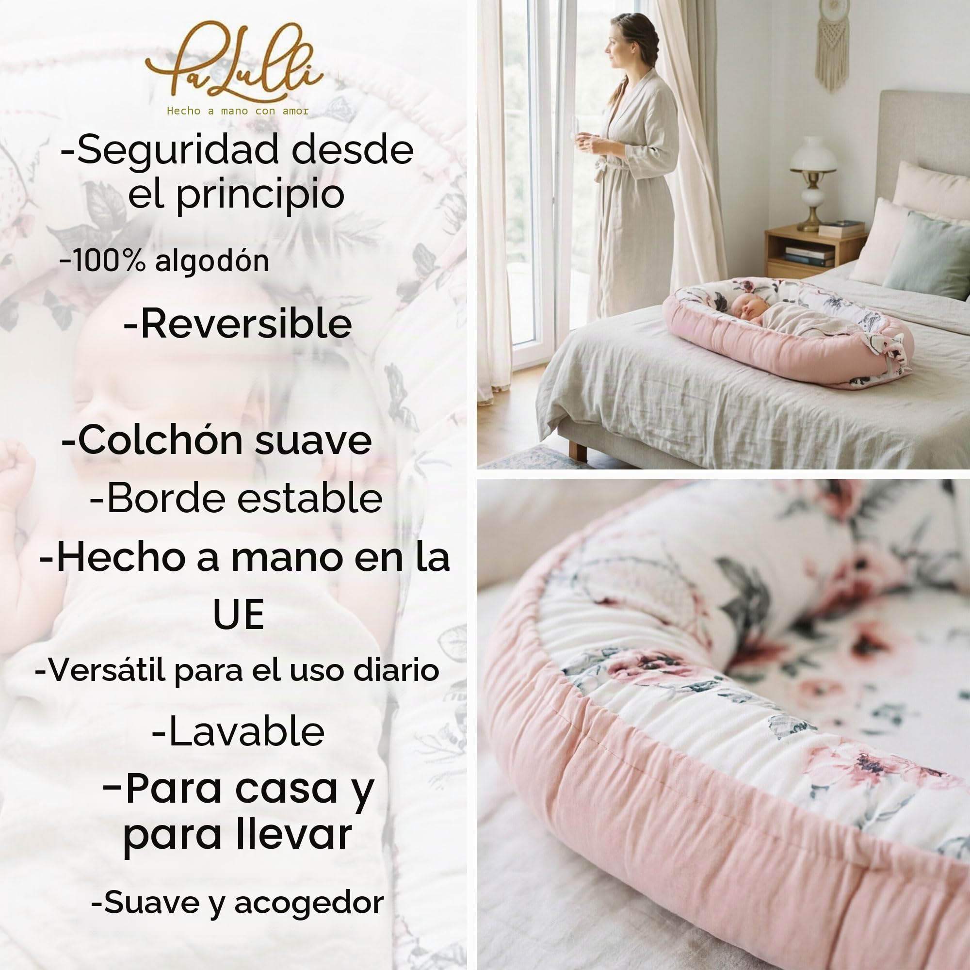 PaLulli Nido de Peluche de 2 Caras, Nido de Bebé, Cuna de Viaje, Cambiador de Cama, Capullo para Cuna de Bebé, 100% Algodón Oeko Tex (Rosa Soñador)