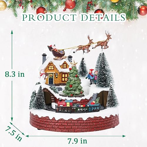 Miniatura 7 de Bdor Decoración de mesa de pueblo navideño con tren giratorio, música y luces, escena navideña iluminada con trineo de Papá Noel, árbol y niños,