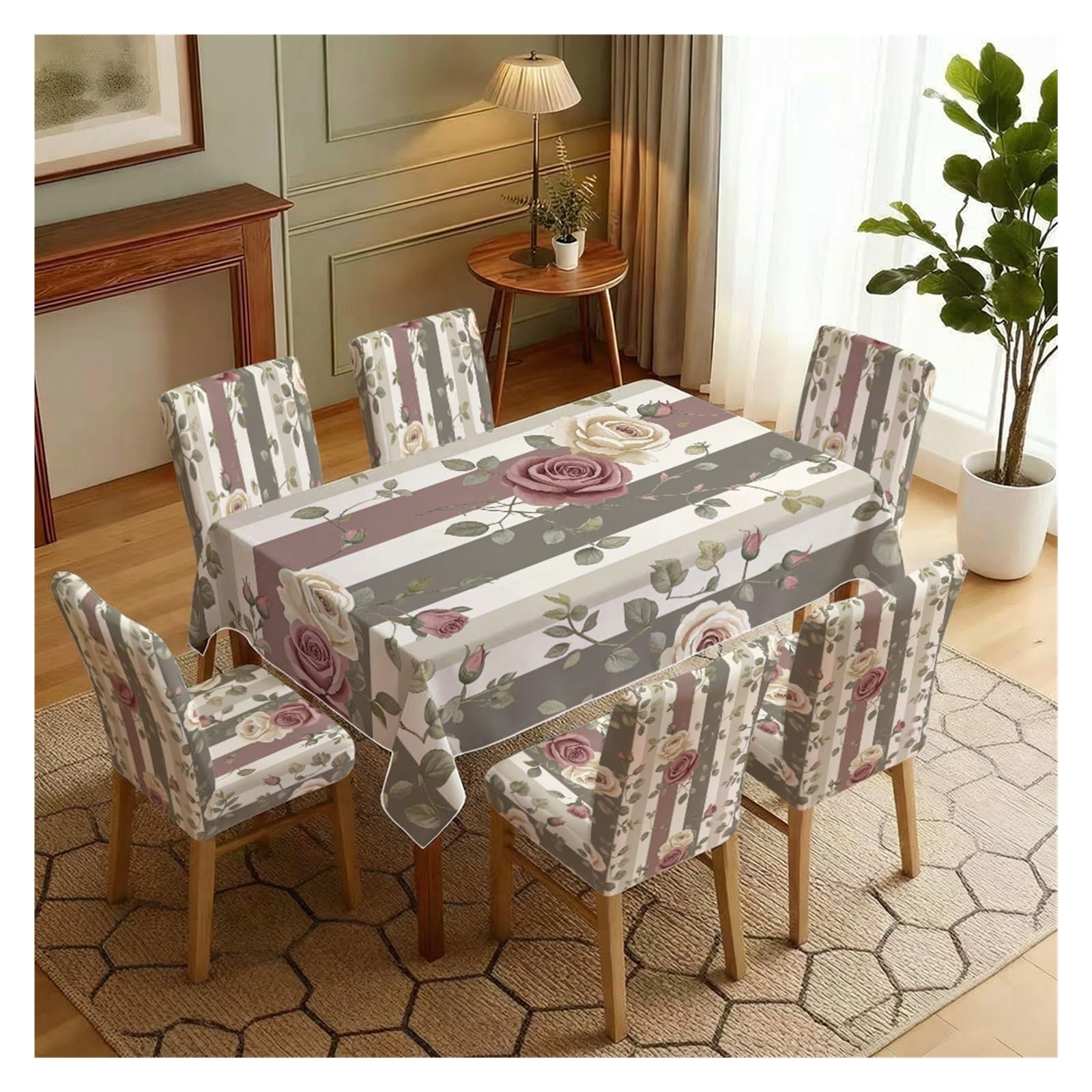 Vintage Stripe Dusty Rose Floral Dining Tablecloth Set, 5/7 Piece Botanical Table Cover & Chair Slipcovers For Farmhouse, Cottage & Classic Home Party Table Setting(7pcs Set: Tablecloth+Chair Covers)