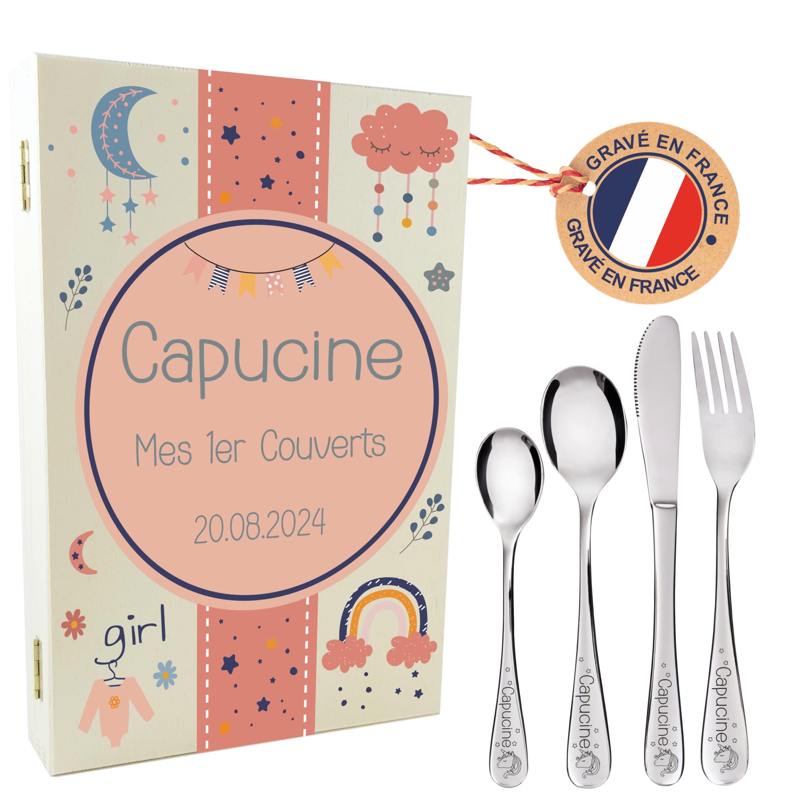 Gravure Events - Coffret en Bois avec 4 Couverts personnalisés pour Enfant - prénom gravé en France - Cadeau Noël bébé, Baptême, Cadeau de Naissance Fille Modèle Pink Cloud