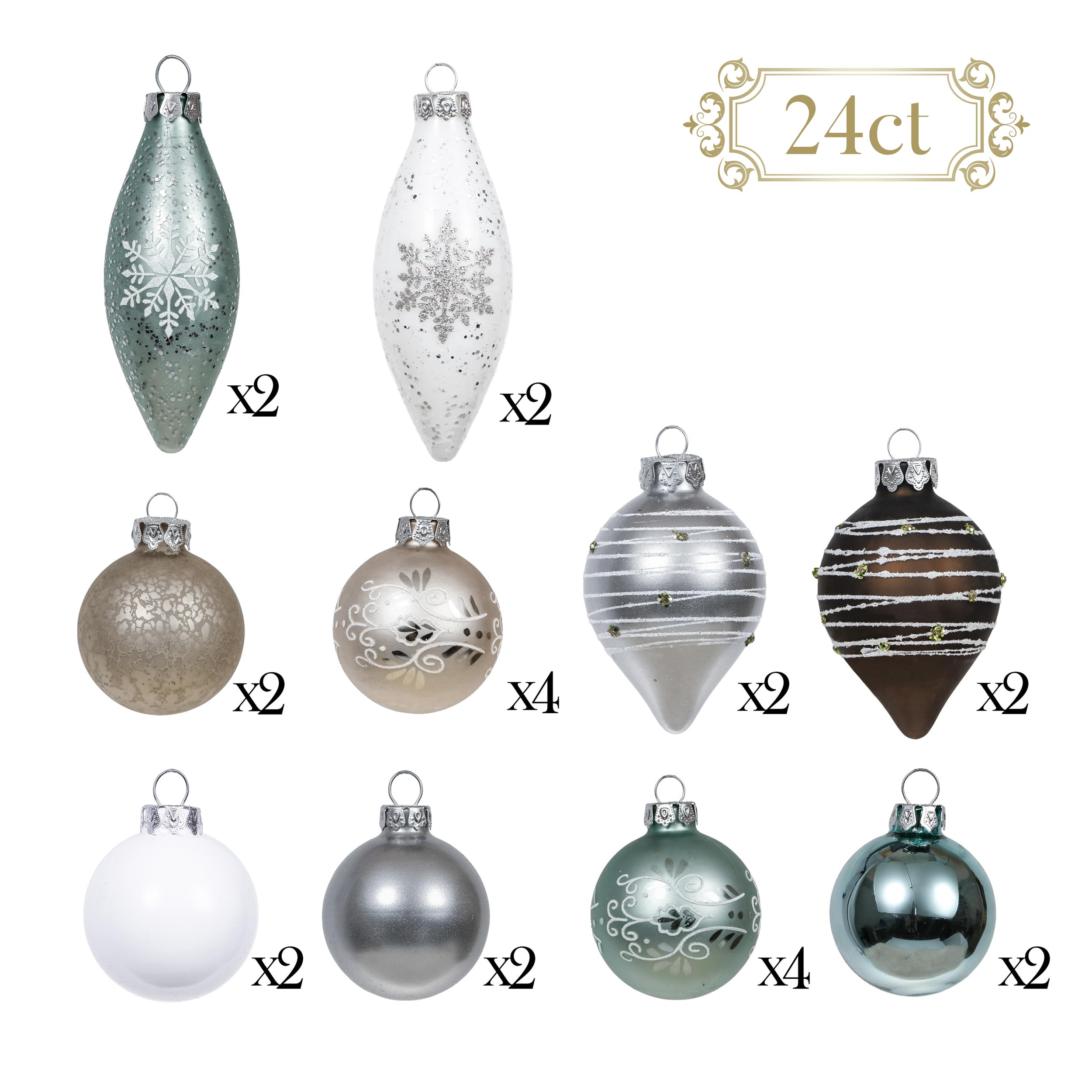 Valery Madelyn Ensemble de Boules de Noël en Verre - Blanc, Marron, Argent et Vert 24 pcs 6-10 cm - Ornements pour Décoration d'Arbre et Sapin